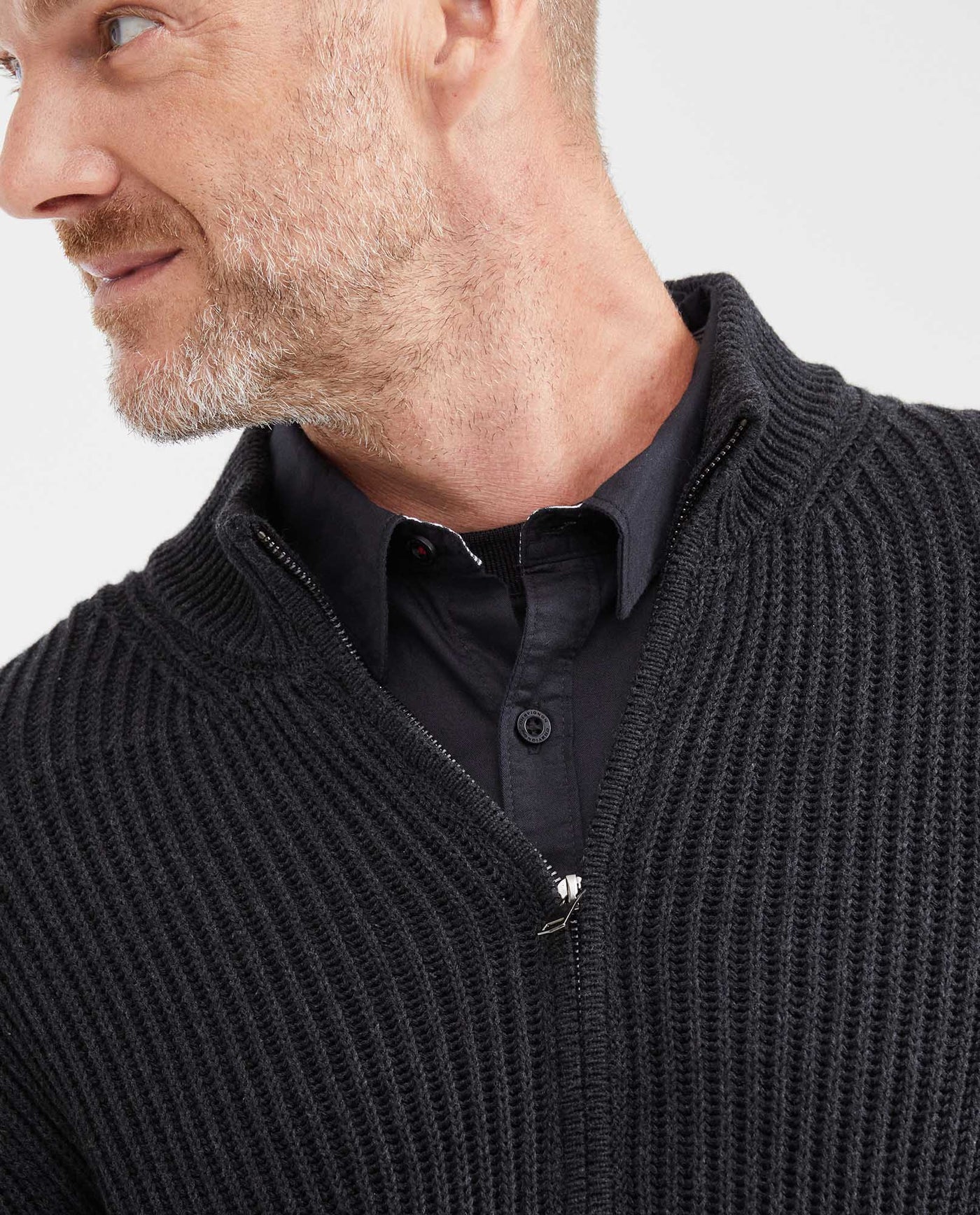 Men’s Ribbed Zip-Up Sweater with High Collar in Cotton, Moonlight - 3