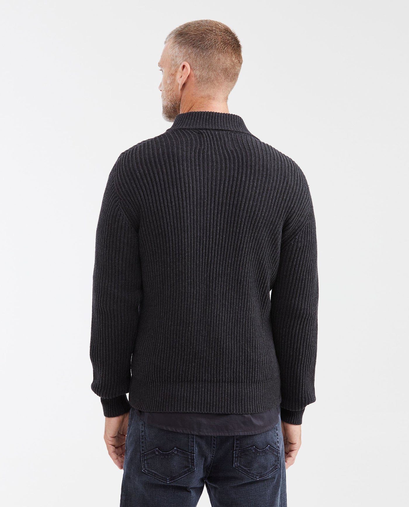 Men’s Ribbed Zip-Up Sweater with High Collar in Cotton, Moonlight - 5