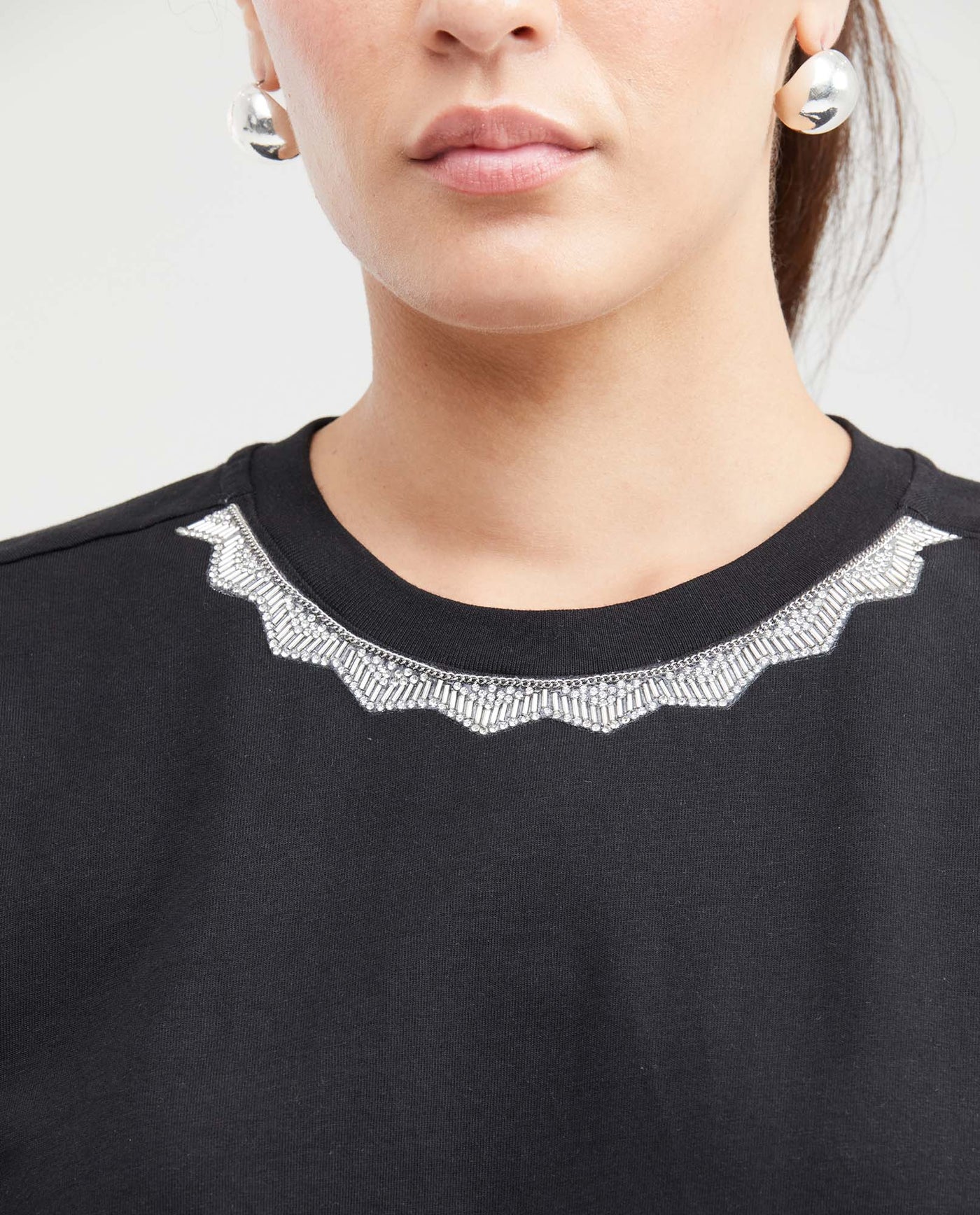 Women's Fashion T-shirt Oversized Ribbed Neck in Cotton - 2