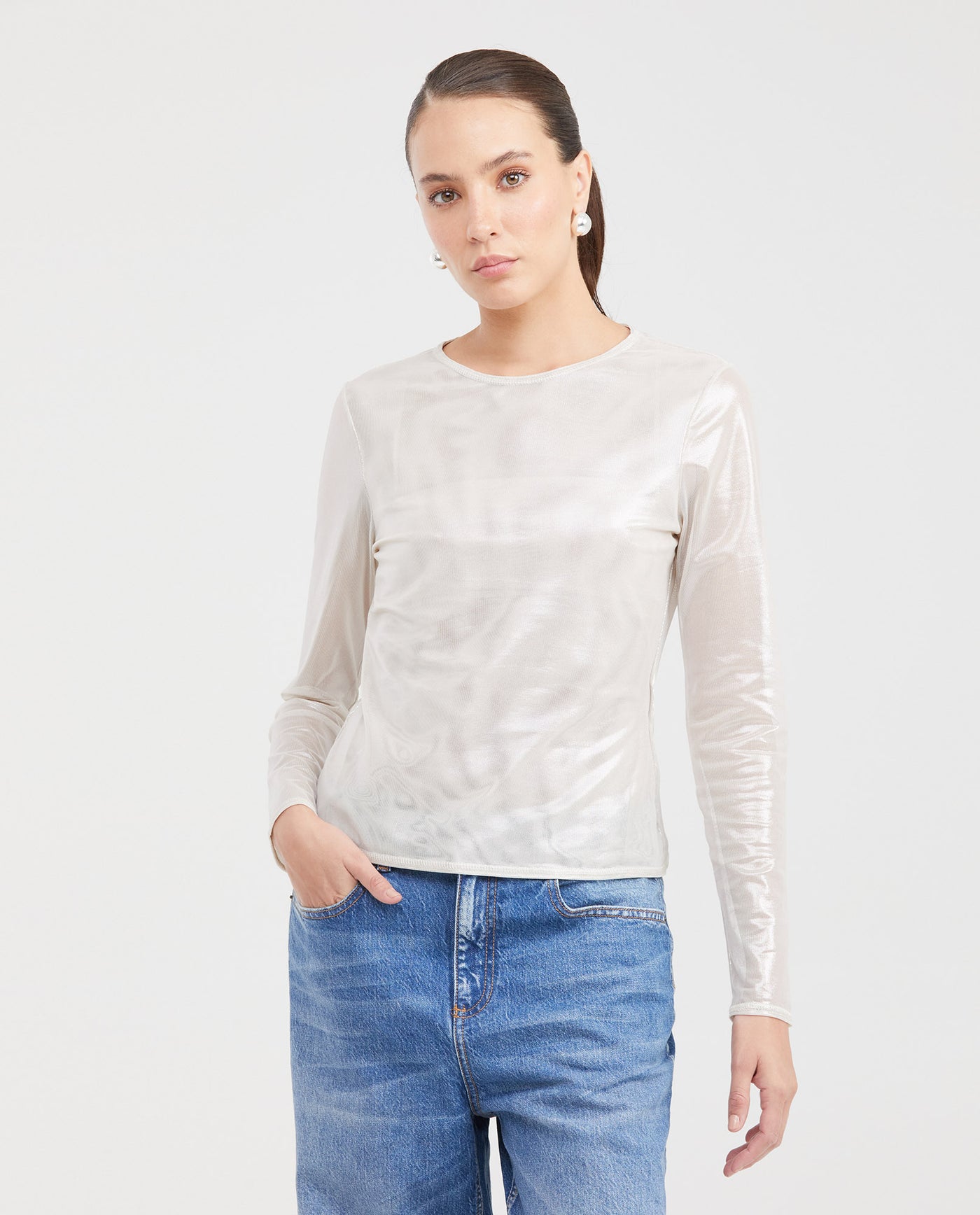 Women's Fitted Mesh Fashion Top with Long Sleeves and Glossy Finish in Polyester-Elastane - 1