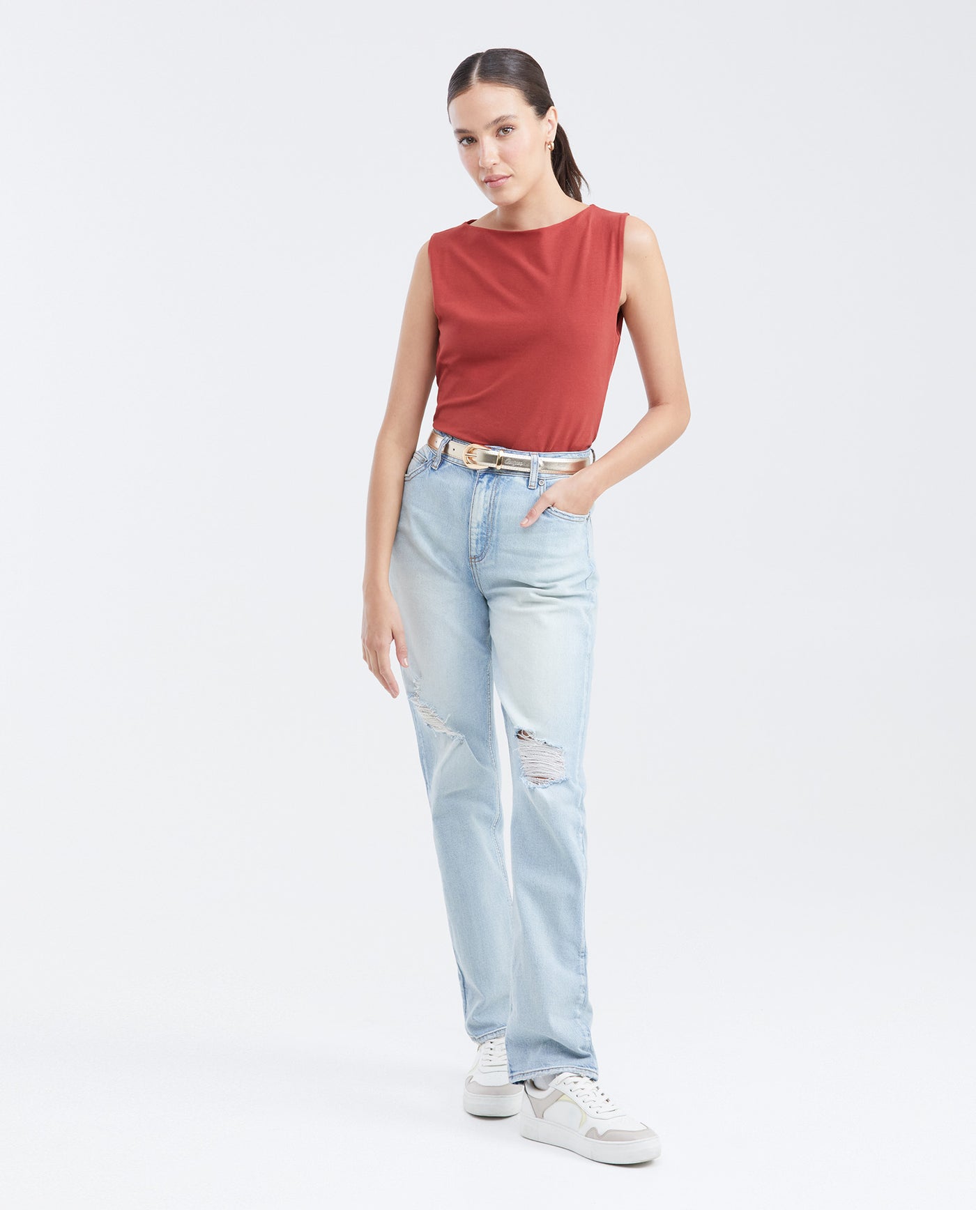 Women's Fitted Sleeveless Fashion Top with Almond Neckline in Cotton-Elastane - 5