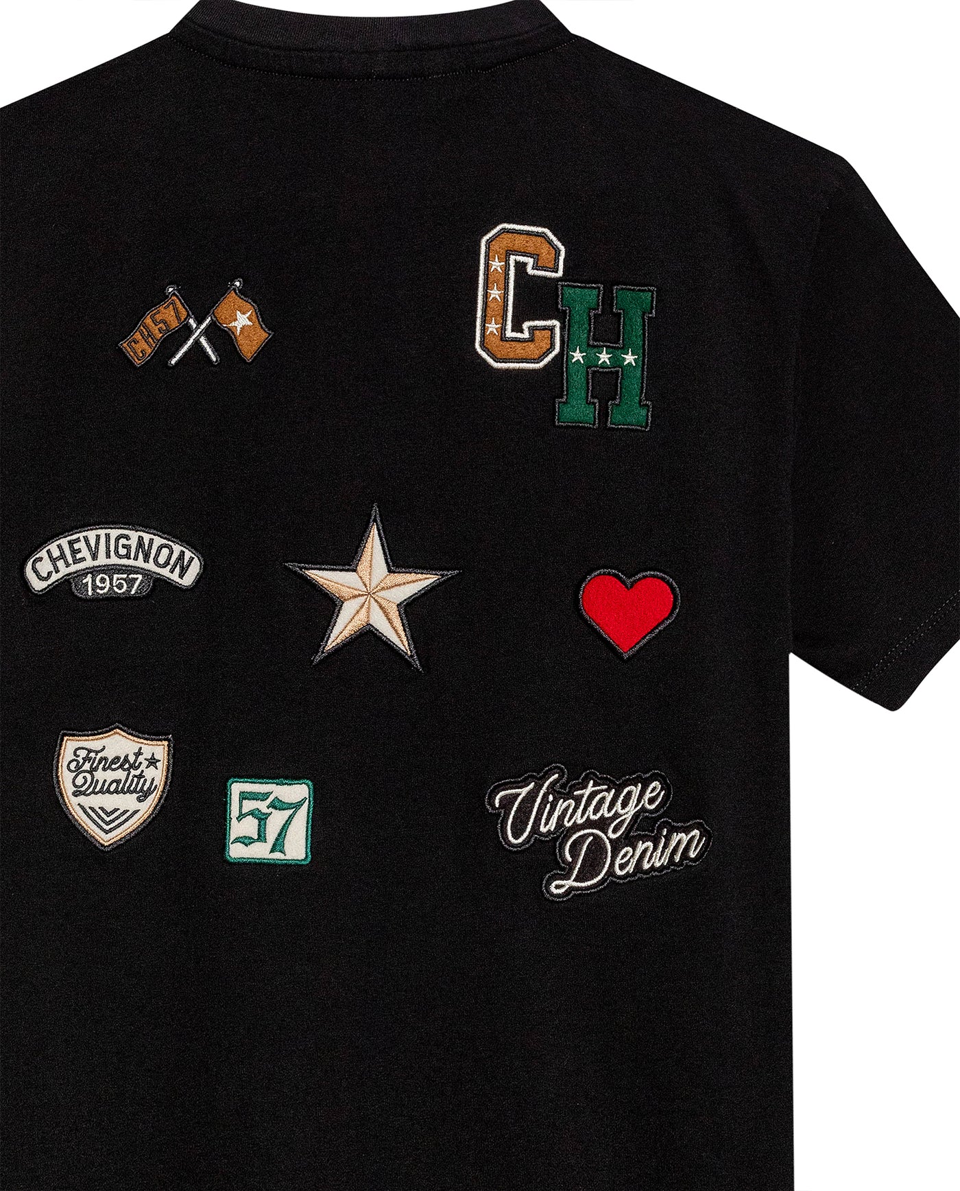 Womens T-Shirt Graphic Slim Fit Crewneck Cotton Soft Multiple Embroidered Patches Preppy - Black 63_701H002_NEG194004_8