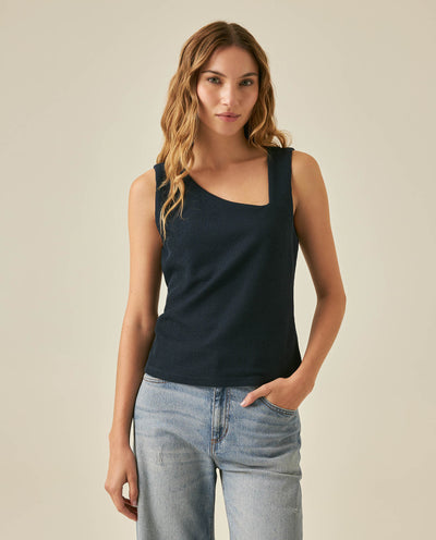 Women's T-Shirt Fitted Asymmetric Neckline Cotton Blend Lined - Blue