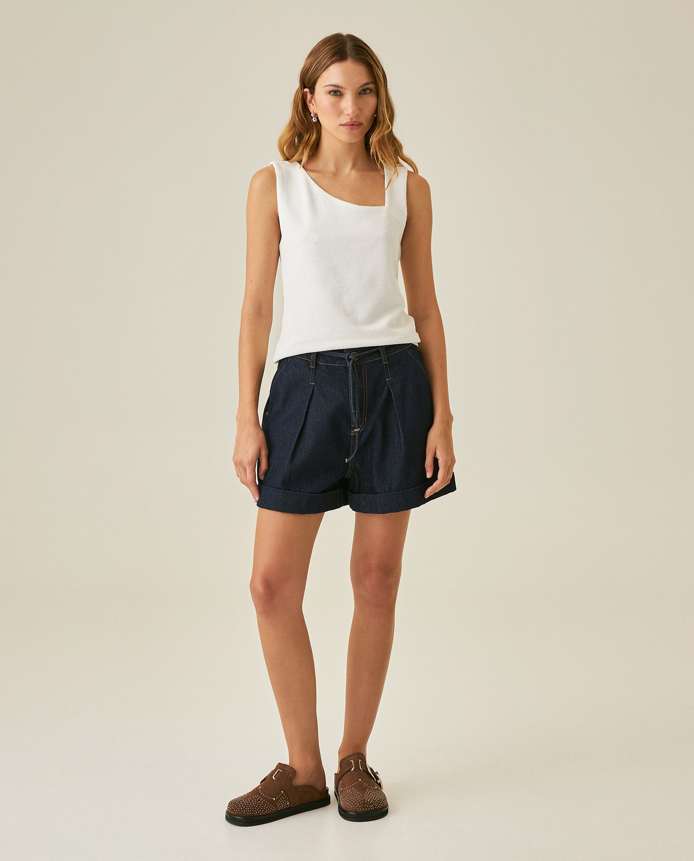 Womens T-Shirt Fitted Asymmetric Neckline Cotton Blend Lined - Raw 63_701H005_CRU110606_4