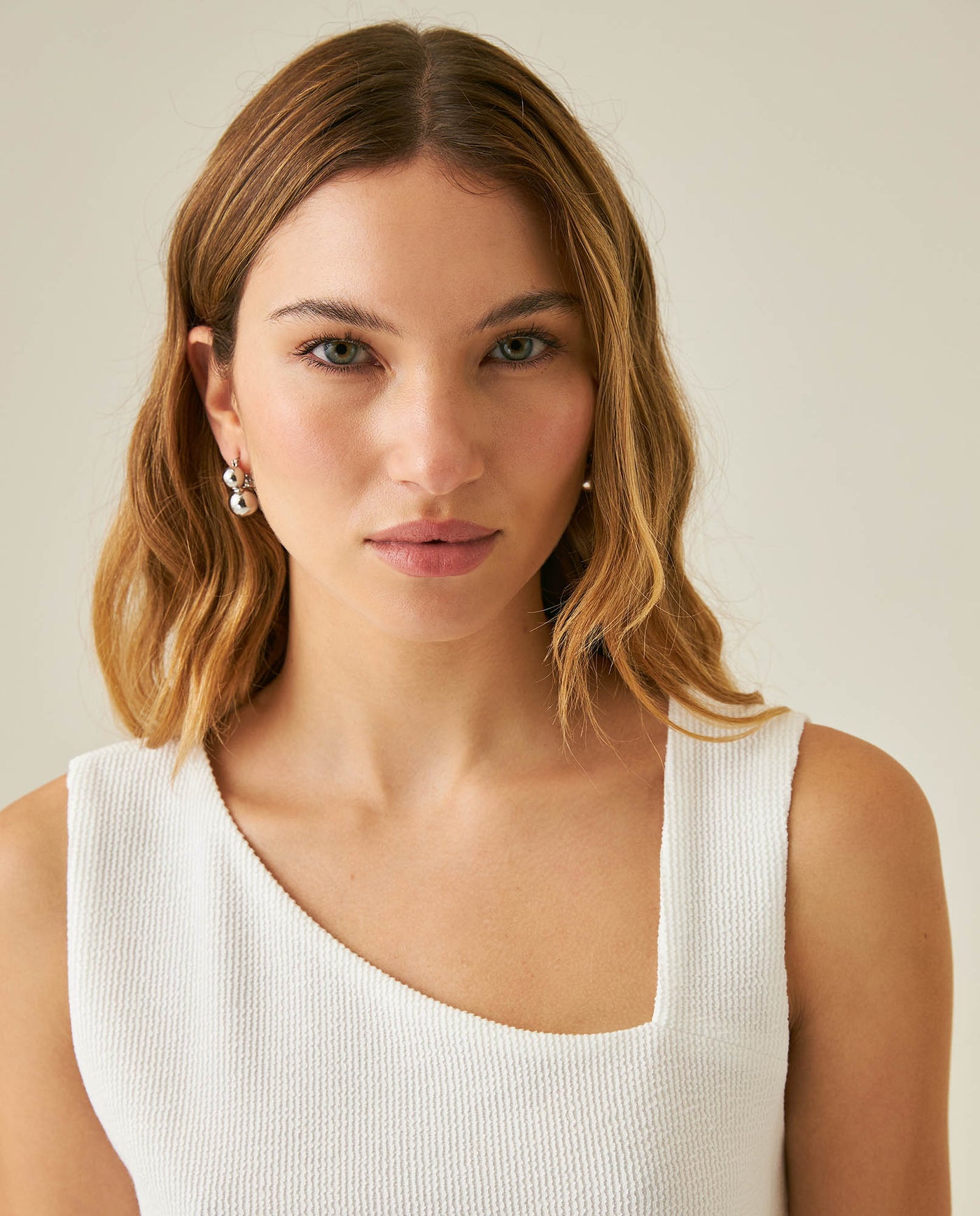 Womens T-Shirt Fitted Asymmetric Neckline Cotton Blend Lined - Raw 63_701H005_CRU110606_5