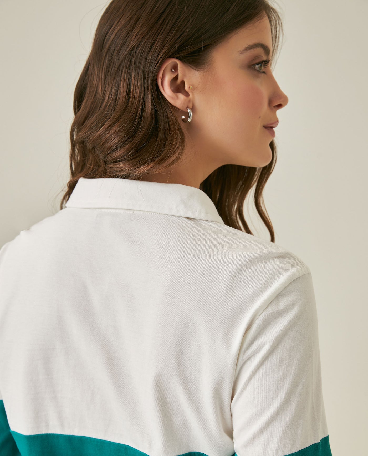 Womens T-Shirt Straight Silhouette Half Placket Cotton Color Block Embroidered - Raw 63_701H013_CRU110606_7