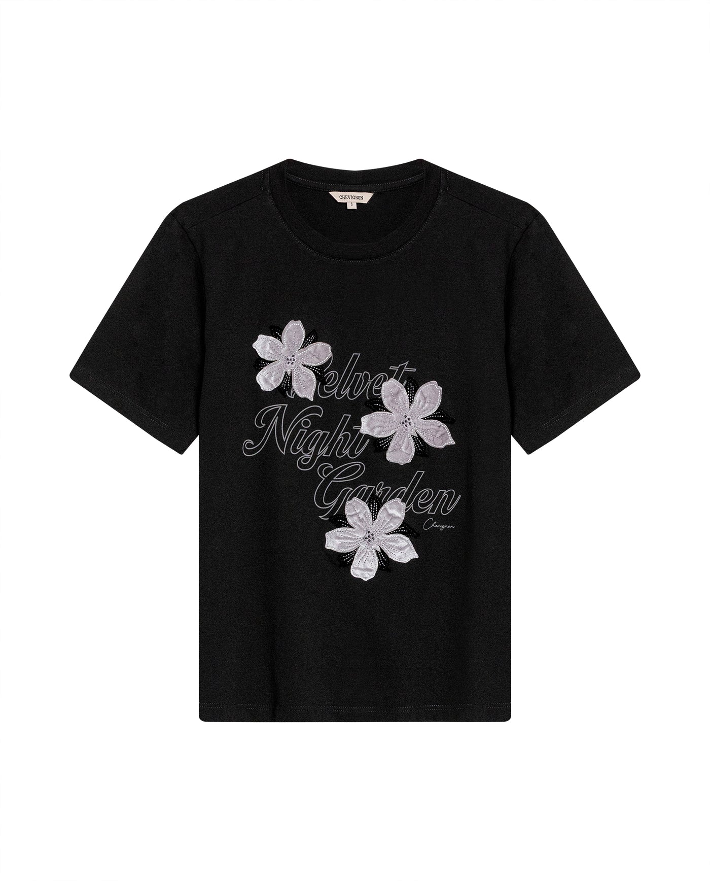 Womens T-Shirt Graphic Slim Fit Cotton Velveteen Flower Print - Black 63_701H014_NEG194004_3