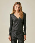 Women's T-Shirt Fitted V-Neck Long Sleeve Polyester Blend Silver Lurex - Black