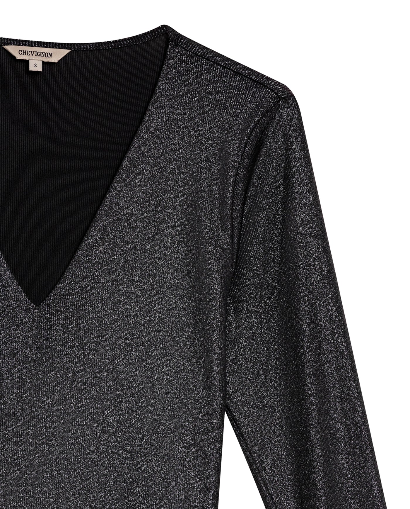 Womens T-Shirt Fitted V-Neck Long Sleeve Polyester Blend Silver Lurex - Black 63_701H015_NEG194004_8