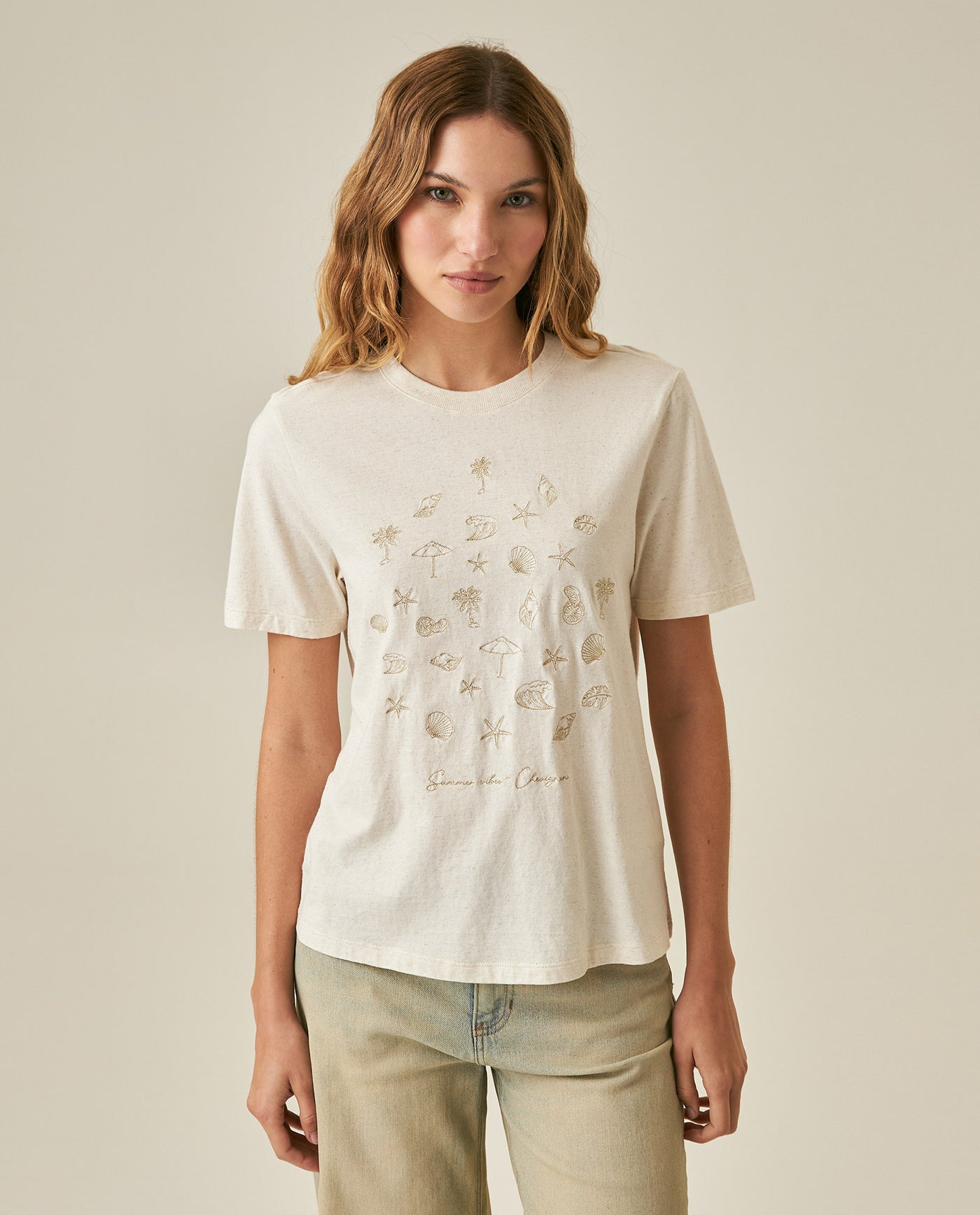 Womens T-Shirt Graphic Slim Fit Cotton–Linen Blend Embroidered Front - Raw 63_701H021_CRU125202_0