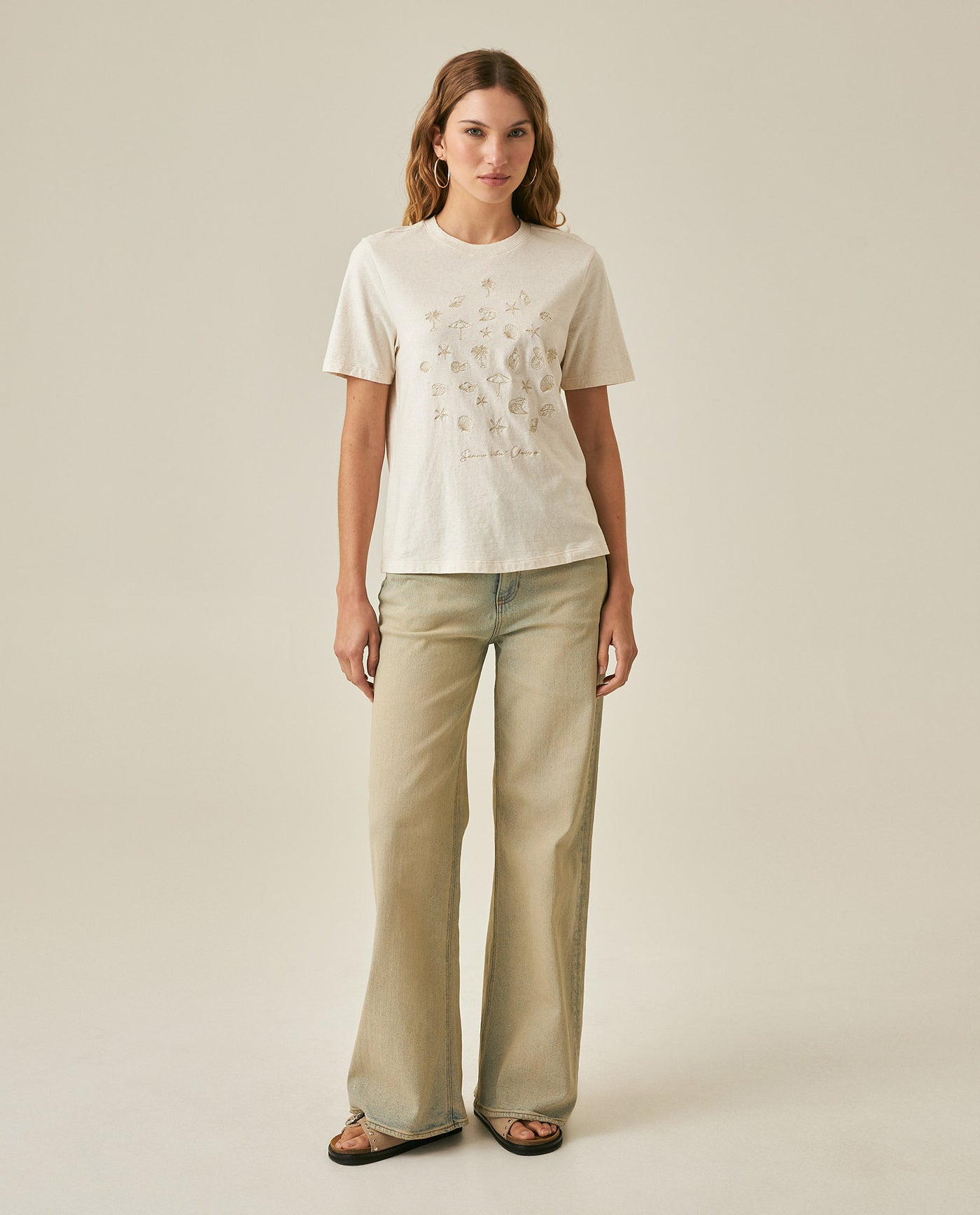 Womens T-Shirt Graphic Slim Fit Cotton–Linen Blend Embroidered Front - Raw 63_701H021_CRU125202_4