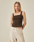 Women's T-Shirt Fitted Tank Straps Cotton–Elastane Studded Straps Ribbed - Brown