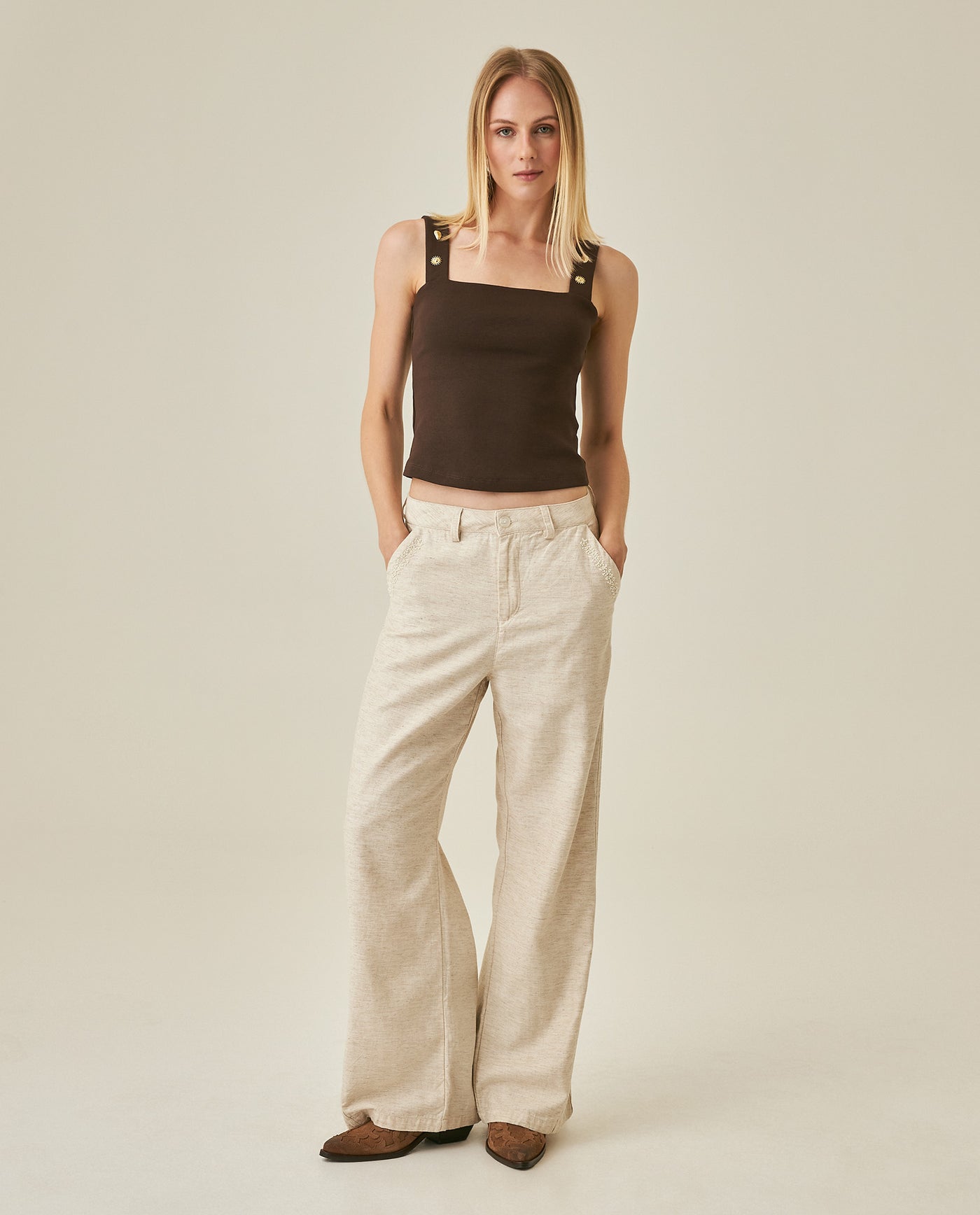 Womens T-Shirt Fitted Tank Straps Cotton–Elastane Studded Straps Ribbed - Brown 63_701H026_CAF191016_4