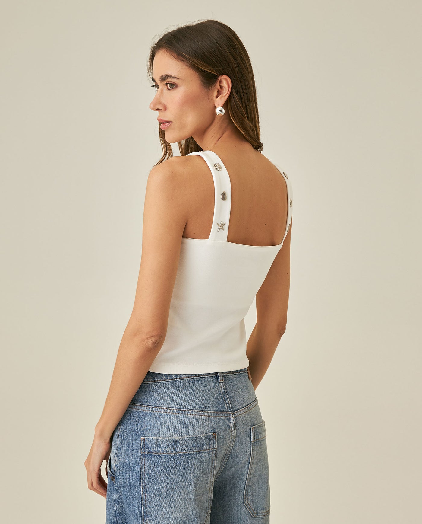 Womens T-Shirt Fitted Tank Straps Cotton–Elastane Studded Straps Ribbed - Raw 63_701H026_CRU110606_6