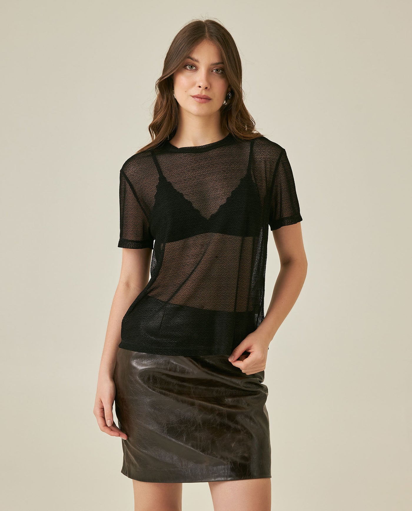 Womens T-Shirt Straight Silhouette Crewneck Polyester Blend Mesh Dotted Texture Sheer - Black 63_701H037_NEG194004_0