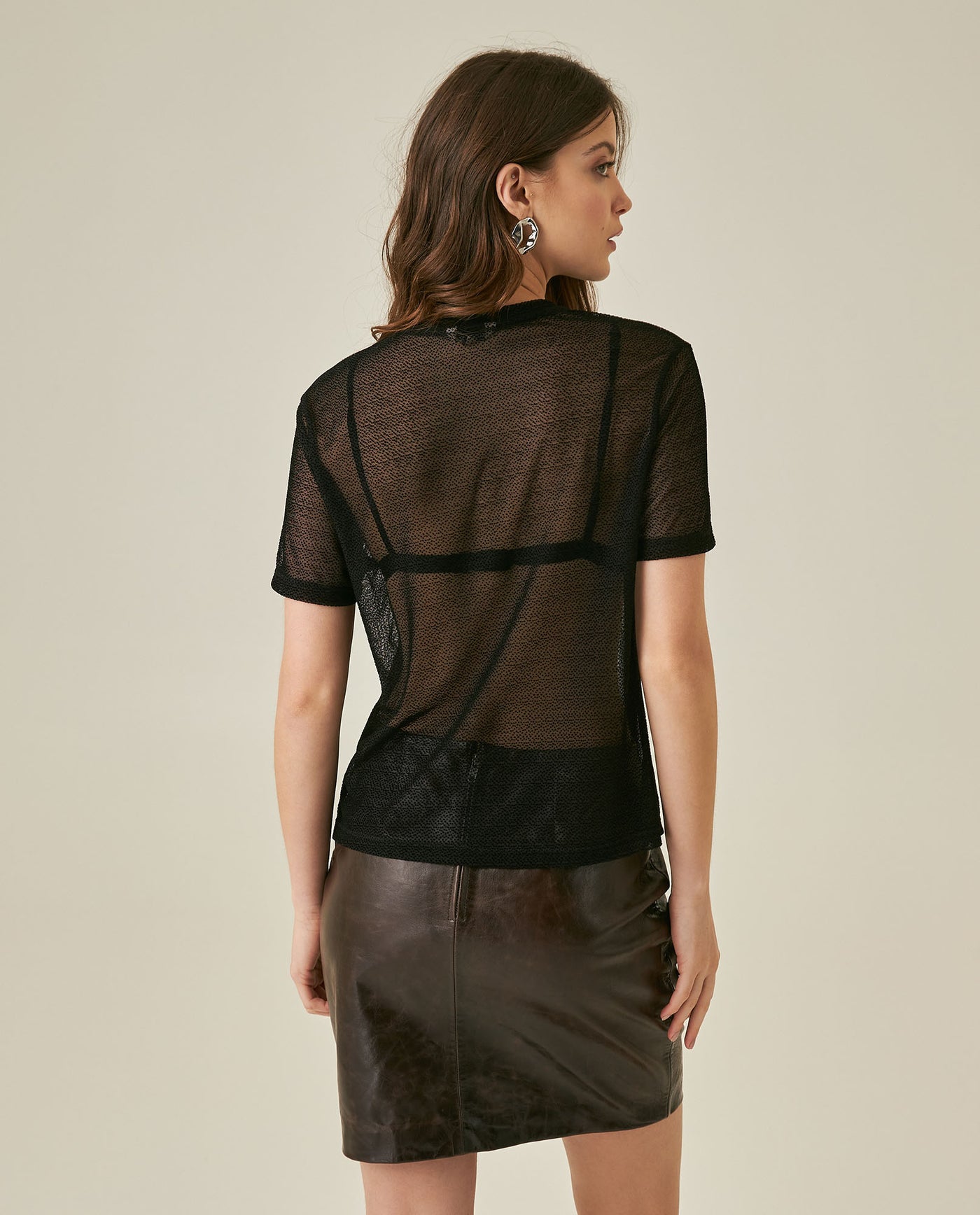 Womens T-Shirt Straight Silhouette Crewneck Polyester Blend Mesh Dotted Texture Sheer - Black 63_701H037_NEG194004_6