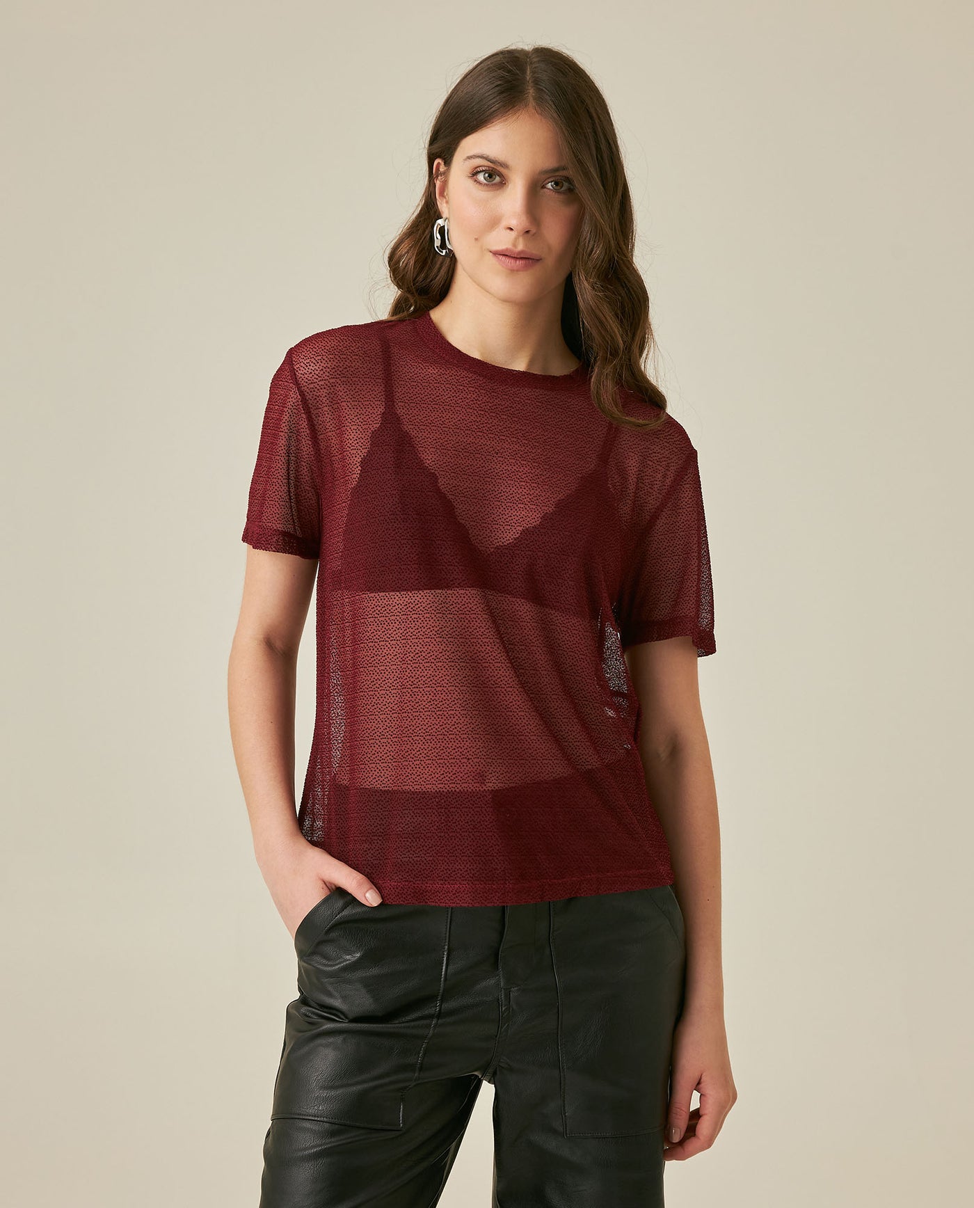 Womens T-Shirt Straight Silhouette Crewneck Polyester Blend Mesh Dotted Texture Sheer - Red 63_701H037_ROJ191522_0