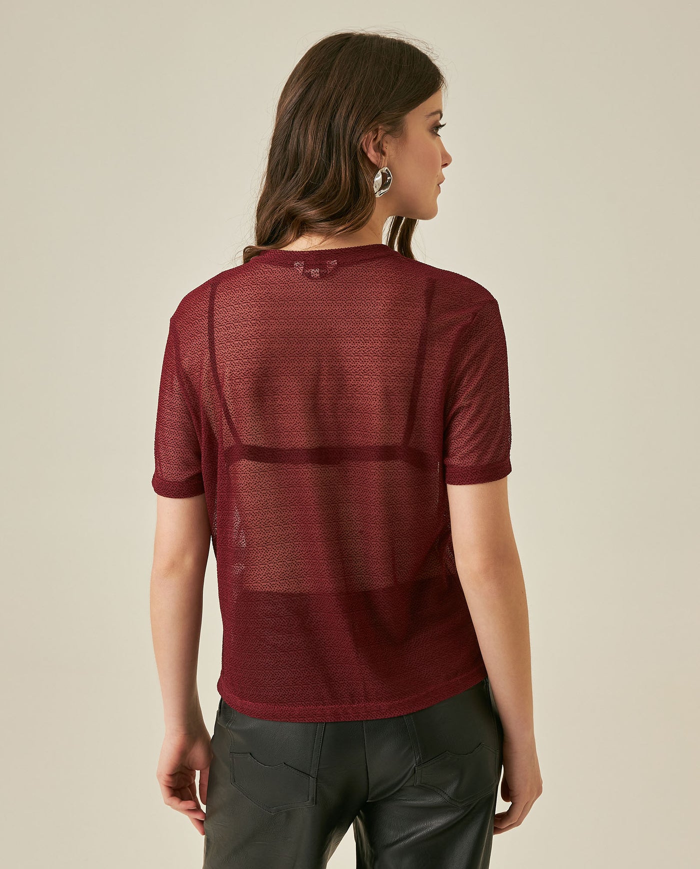 Womens T-Shirt Straight Silhouette Crewneck Polyester Blend Mesh Dotted Texture Sheer - Red 63_701H037_ROJ191522_6