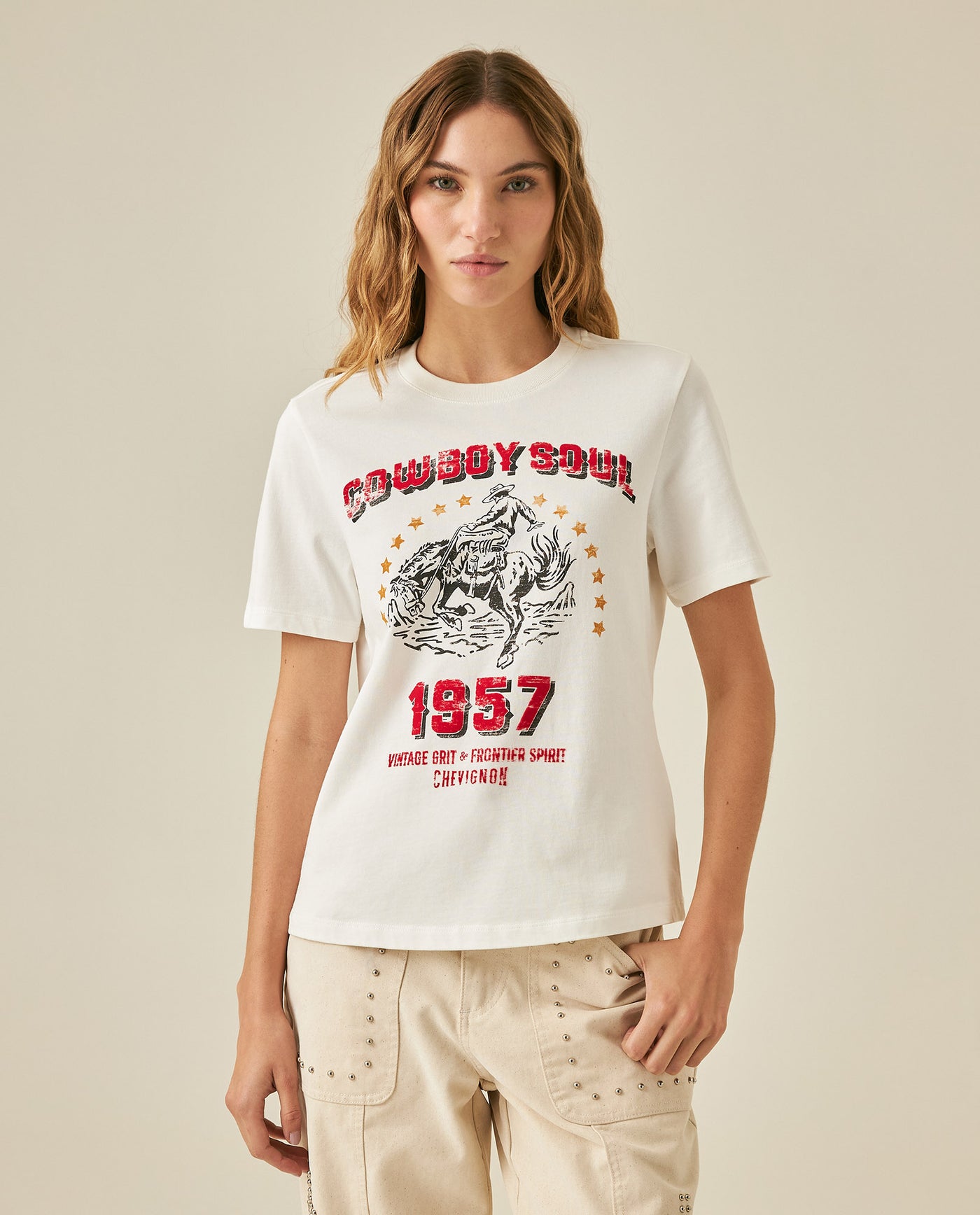 Womens T-Shirt Rodeo Graphic Slim Fit Cotton Heavier Cowboy Flock Rhinestones - Raw 63_701H701_CRU110606_0