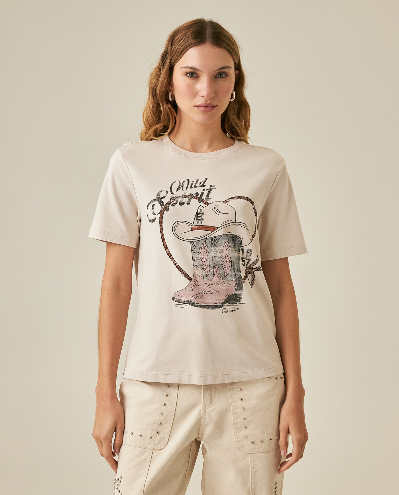 Womens T-Shirt Rodeo Graphic Slim Fit Cotton Heavier Texan Boots Rhinestones - Beige 63_701H703_BEI140002_0