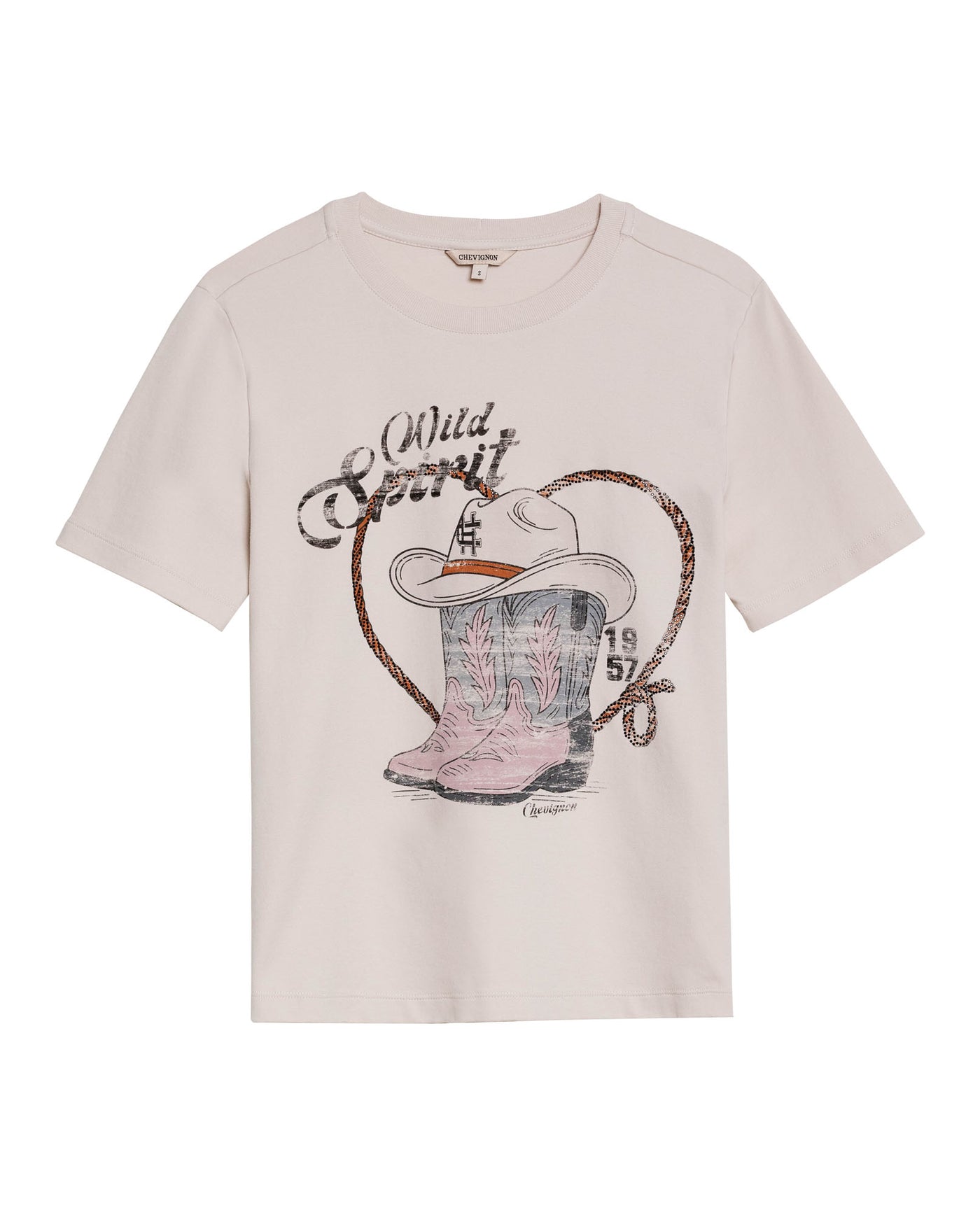 Womens T-Shirt Rodeo Graphic Slim Fit Cotton Heavier Texan Boots Rhinestones - Beige 63_701H703_BEI140002_3