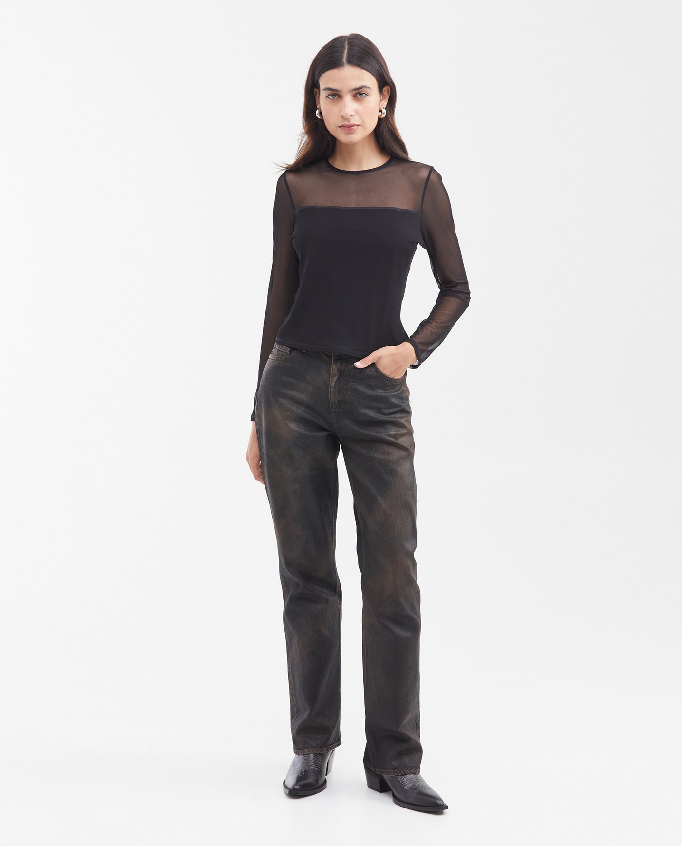 Women's Fitted Long Sleeve Semi-Sheer Mesh Top with Cotton Lining in Polyester-Elastane 63_702G024_NEG194004_3