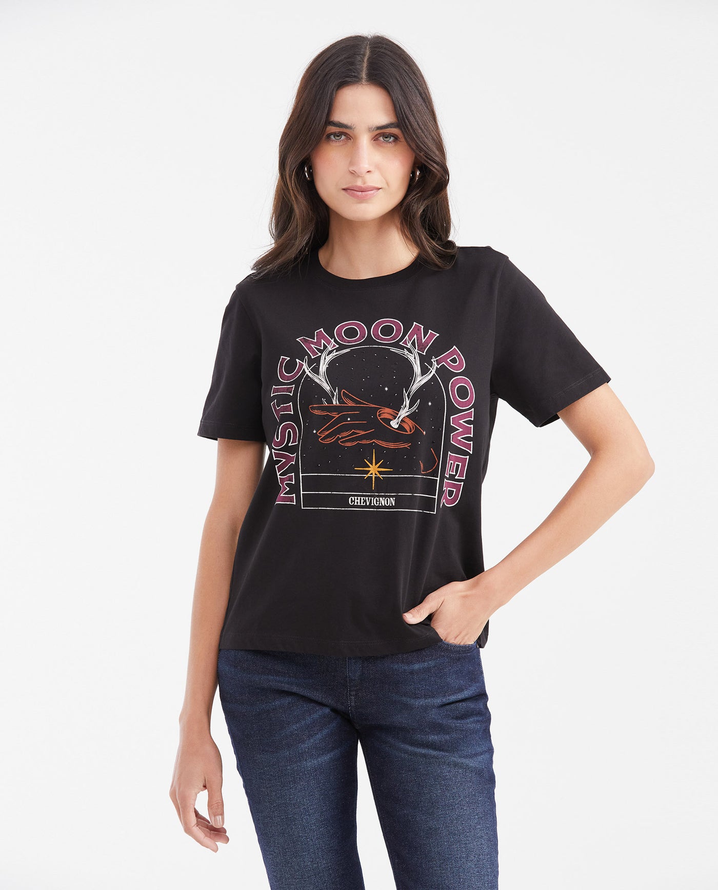Women's Straight Fit Astral Capsule T-Shirt with Stone Application in Cotton - 1