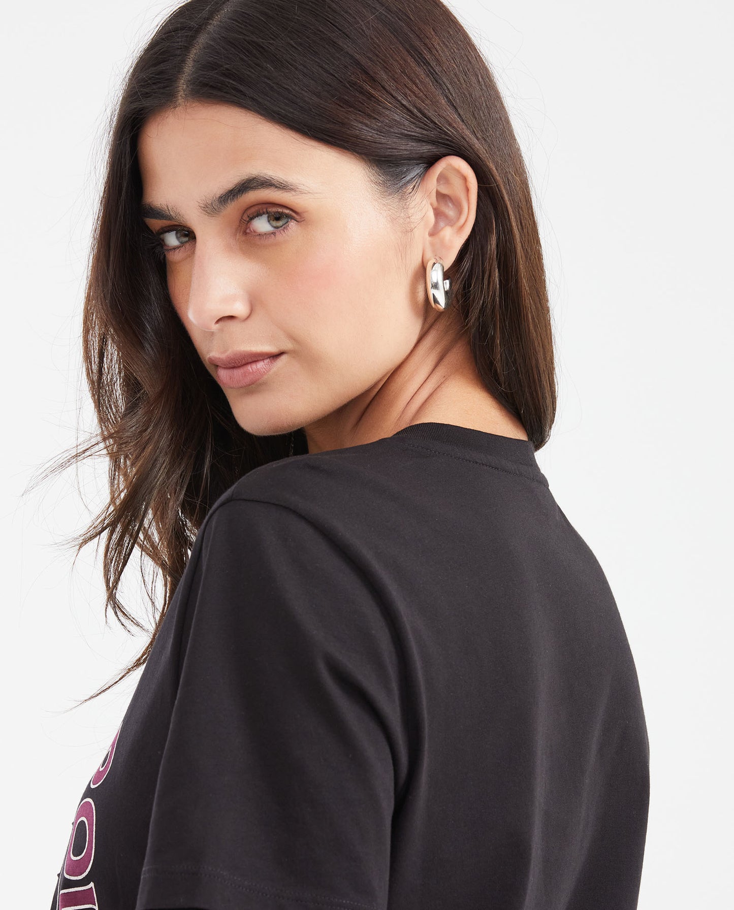 Women's Printed T-shirt with Stone Detail - Black - 5