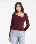Women's Fitted Asymmetric Neckline Long Sleeve Top with Lurex in Nylon-Elastane