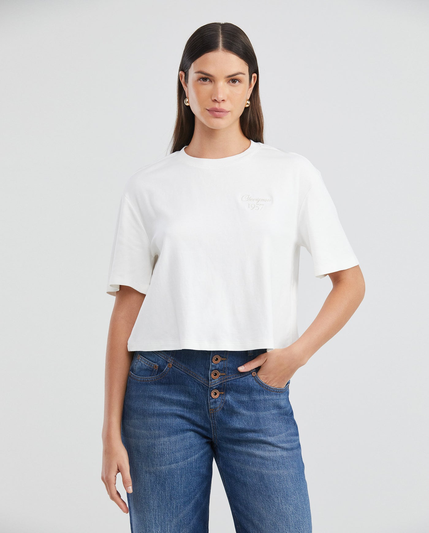 Women's Essential Oversized Crop T-Shirt High Ribbed Neck Lurex Embroidery 100% Cotton 63_704F001_BLA110601_0