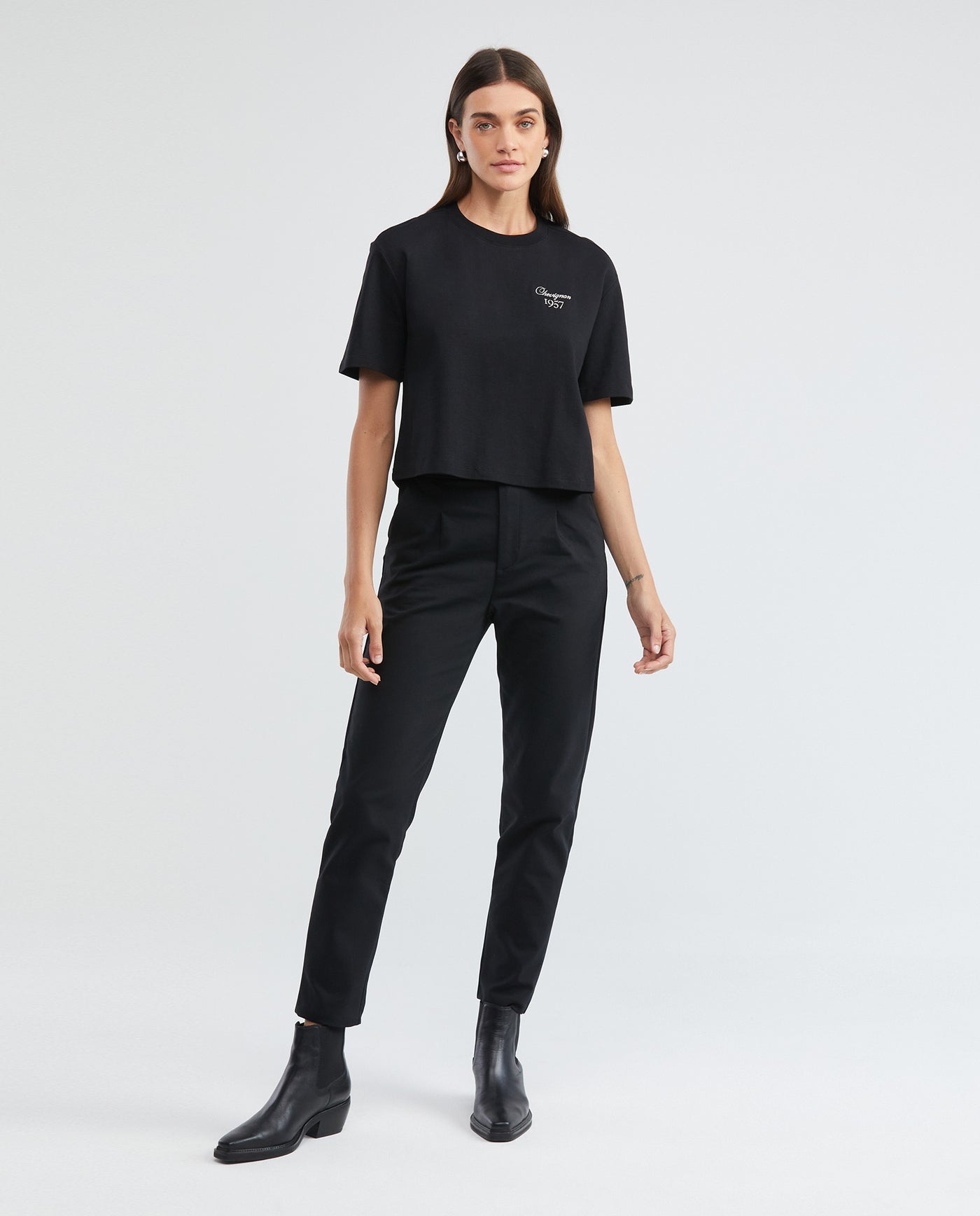Women's Essential Oversized Crop T-Shirt High Ribbed Neck Lurex Embroidery 100% Cotton 63_704F001_NEG194007_3
