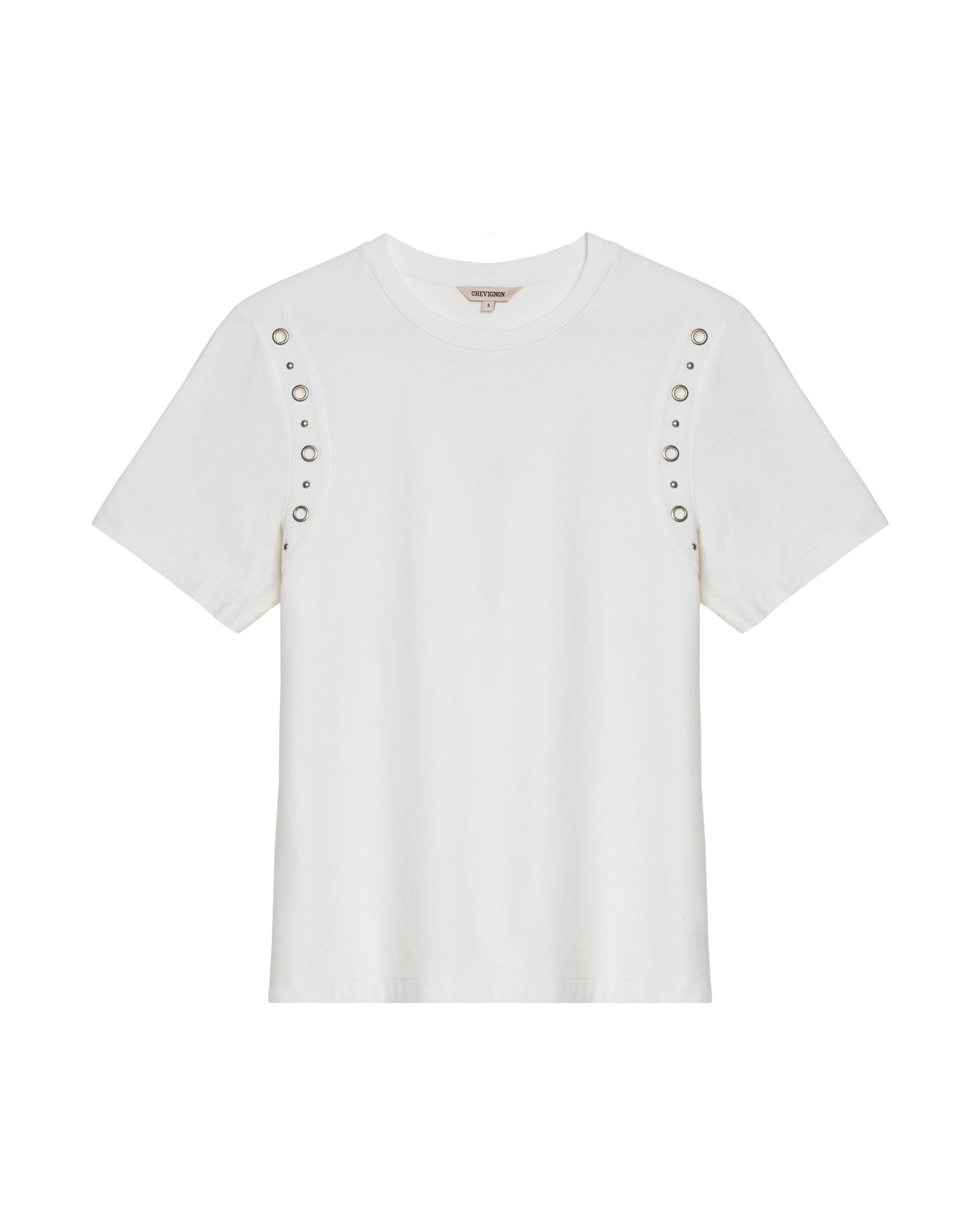 Women's Short Sleeve Slim Fit Metal Detail T-shirt in Cotton, Nocturne - 1