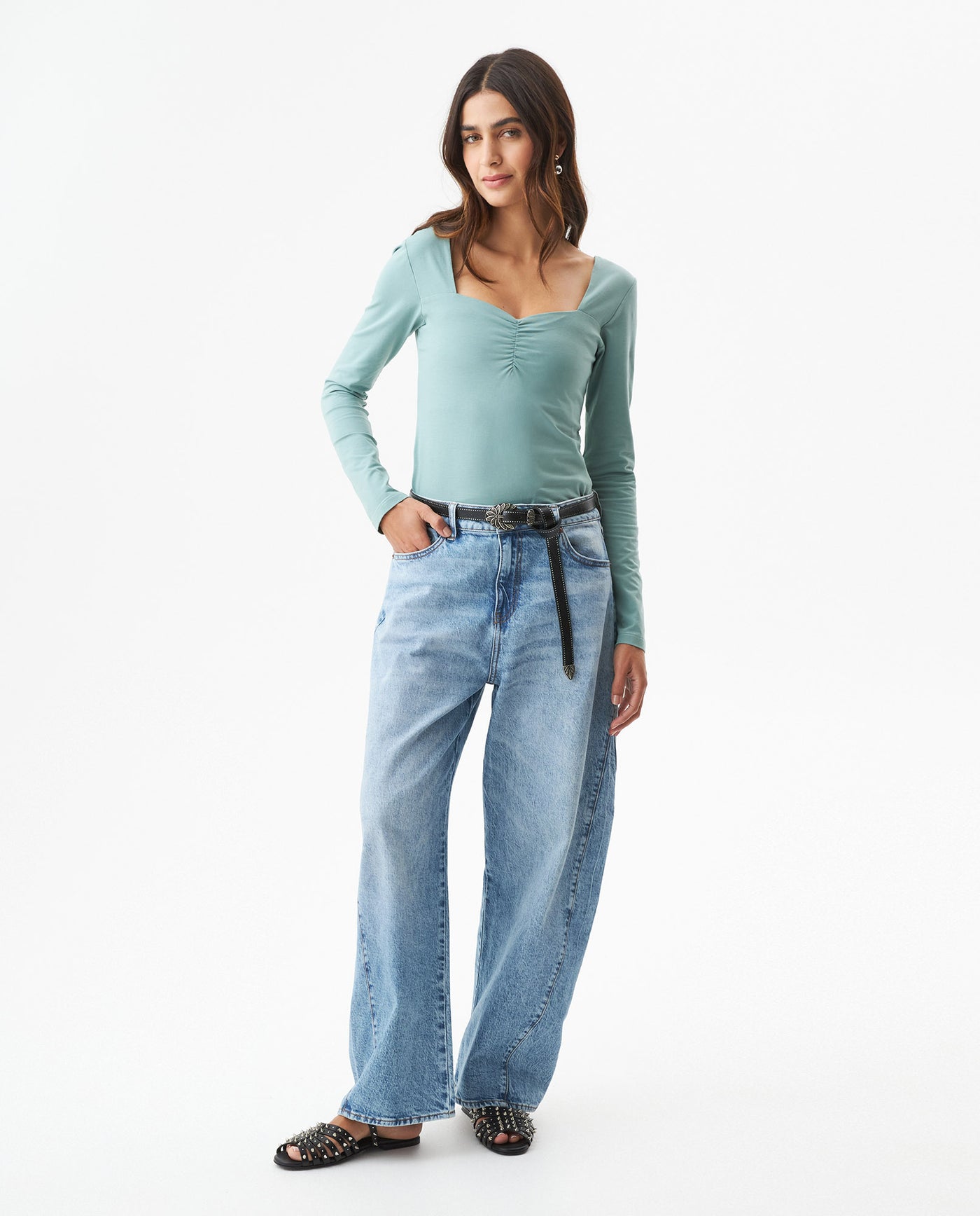 Women's Square Neck Long Sleeve T-shirt Slim Fit in Cotton Stretch Blend, Navigator - 3