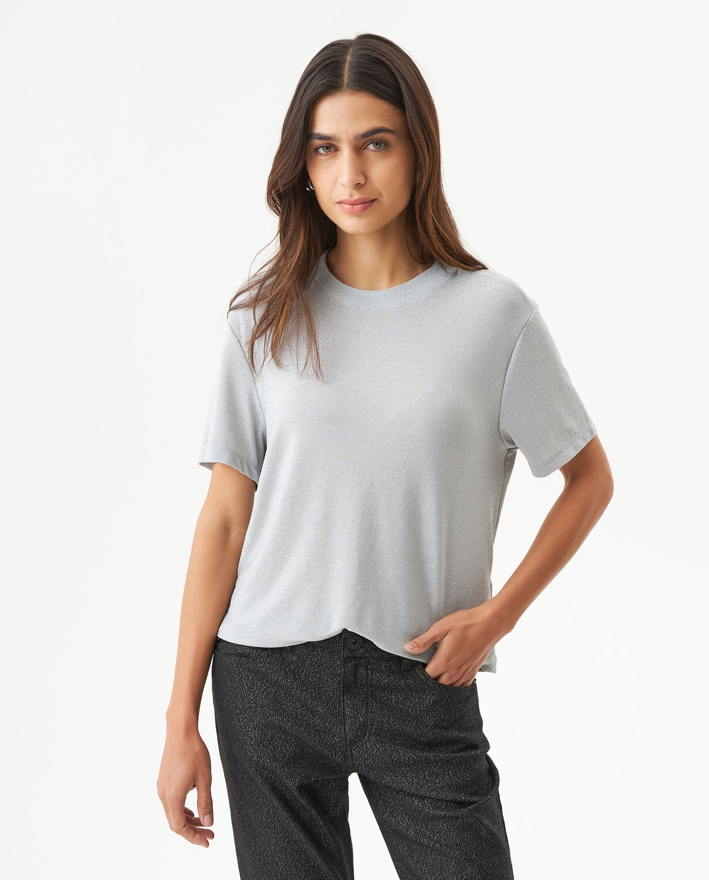 Women's Lurex Thread Oversized Fit T-shirt in Nylon-Modal Blend, Finery 709G043 - 1