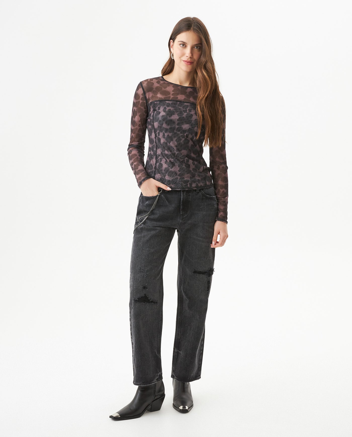 Women's Decorative Seam Long Sleeve Sheer Top Slim Fit in Polyester Stretch Blend, Refined 709G049 - 3