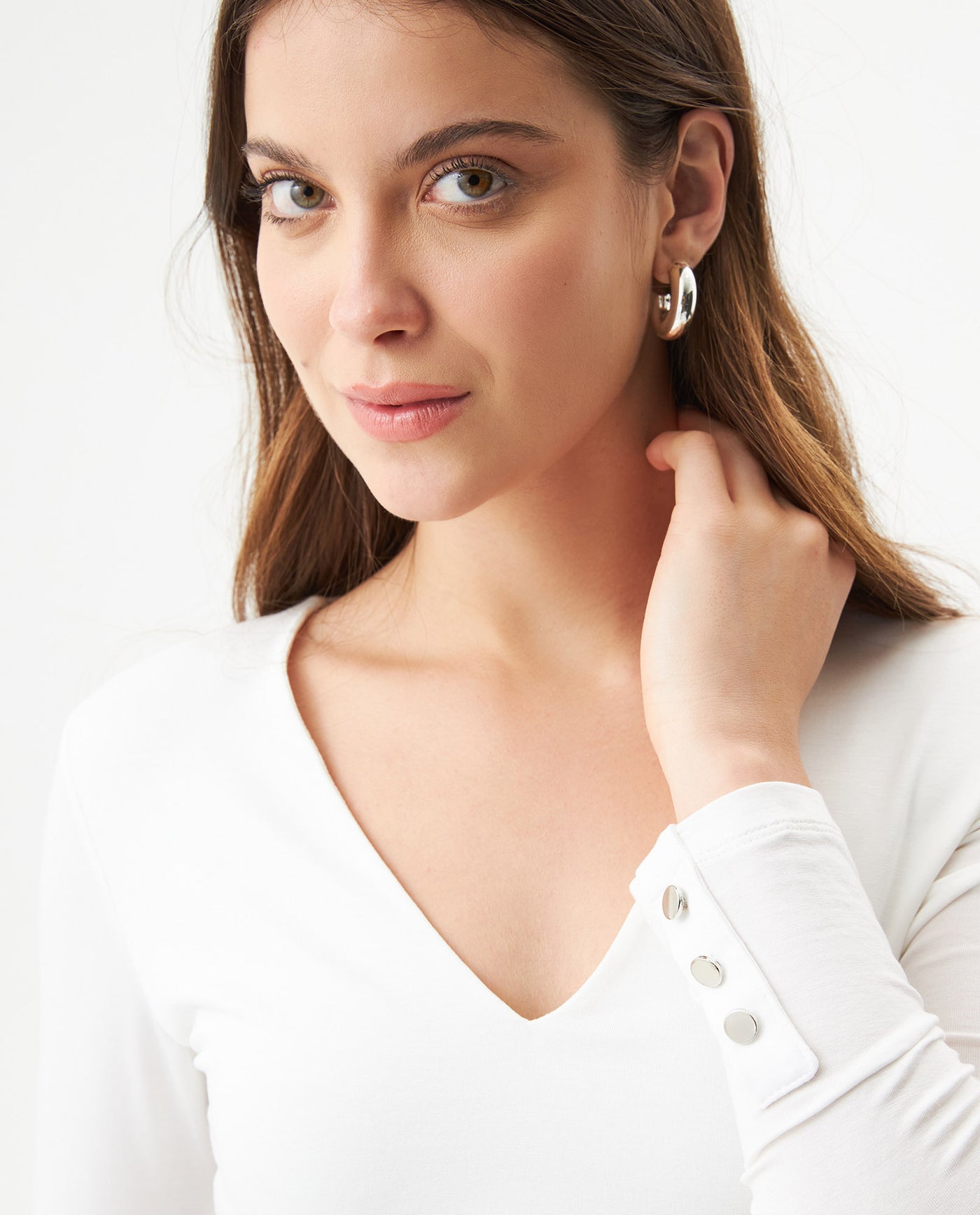 Women's Button Cuff V-Neck Long Sleeve T-shirt in Lyocell-Stretch Fabric 709G051 - 4