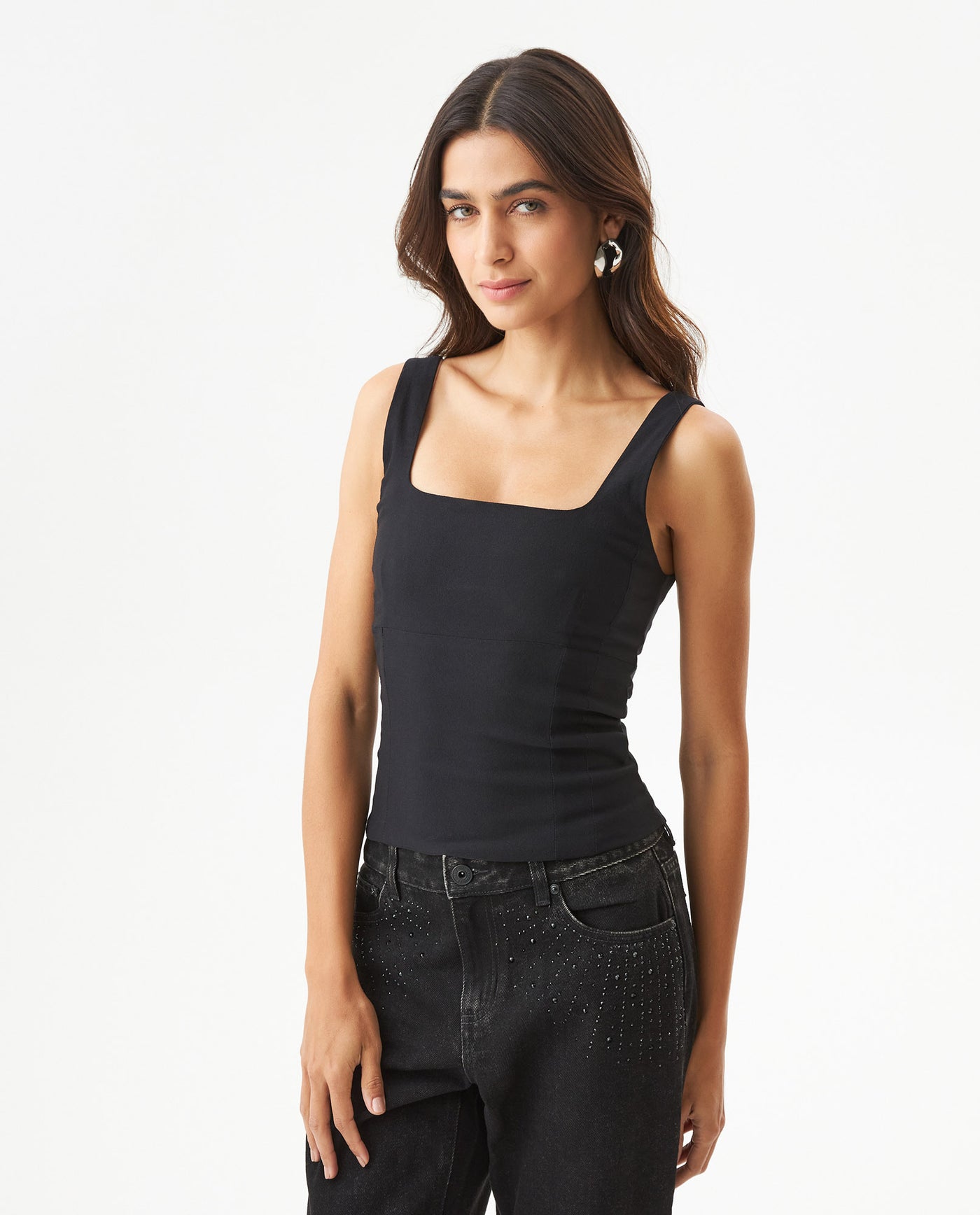 Women's Square Neck Fitted Top in Rayon-Nylon Blend, Journey 709G055 - 1
