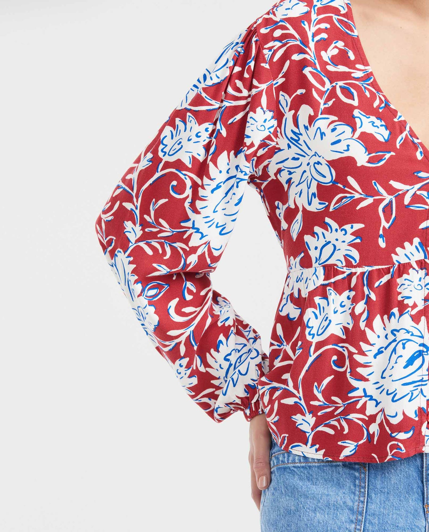 Women's Blouse Style Shirt with Peplum Detail and Floral Maxi Print in Rayon - 4