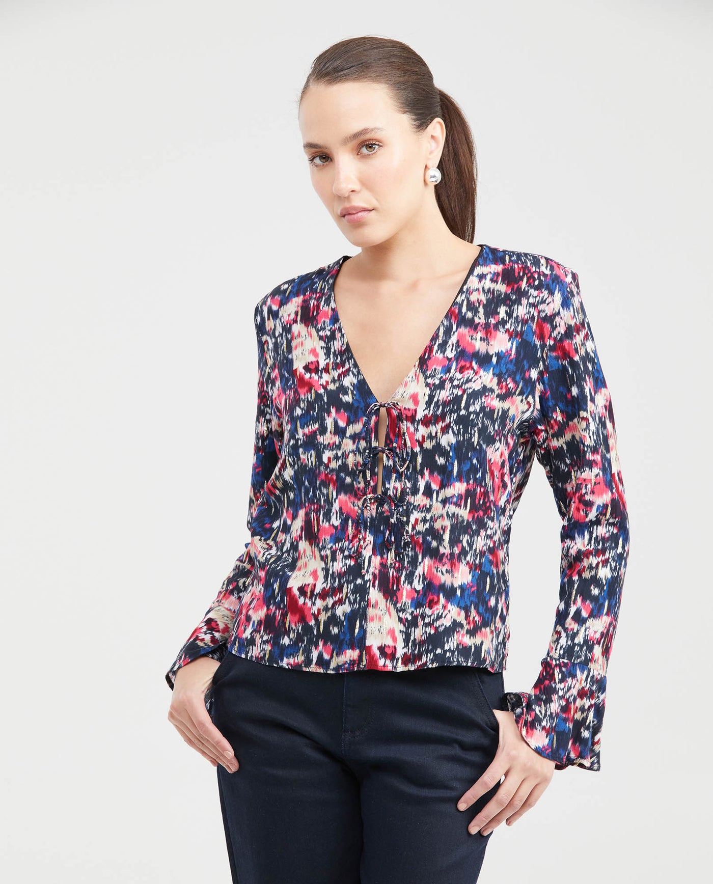 Women's Blouse Style Shirt with Front Tie Straps and Golden Lurex in Rayon-Lurex - 1
