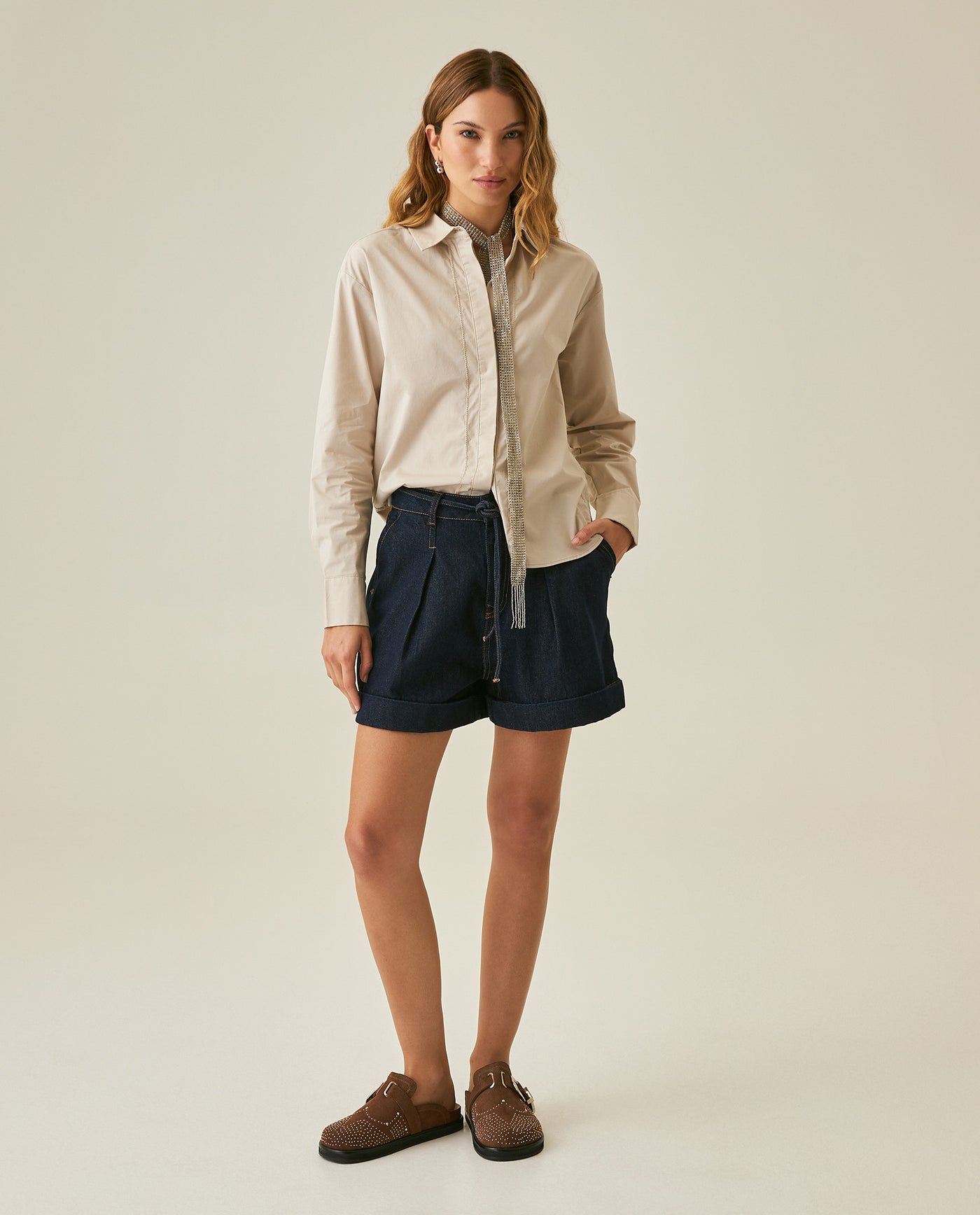 Womens Shirt Poplin Straight Silhouette Cotton–Elastane Hidden Button Placket - Beige 63_711H000_BEI140002_4