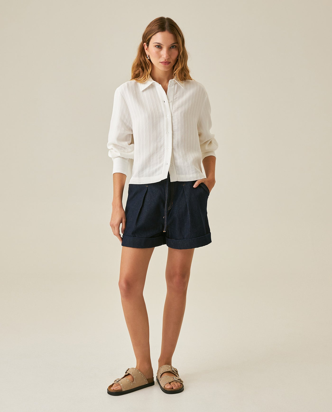 Womens Shirt Straight Silhouette Viscose Blend Jacquard Stripes - White 63_711H003_BLA114202_4