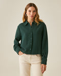 Women's Shirt Straight Silhouette Viscose Blend Jacquard Stripes - Dark Green