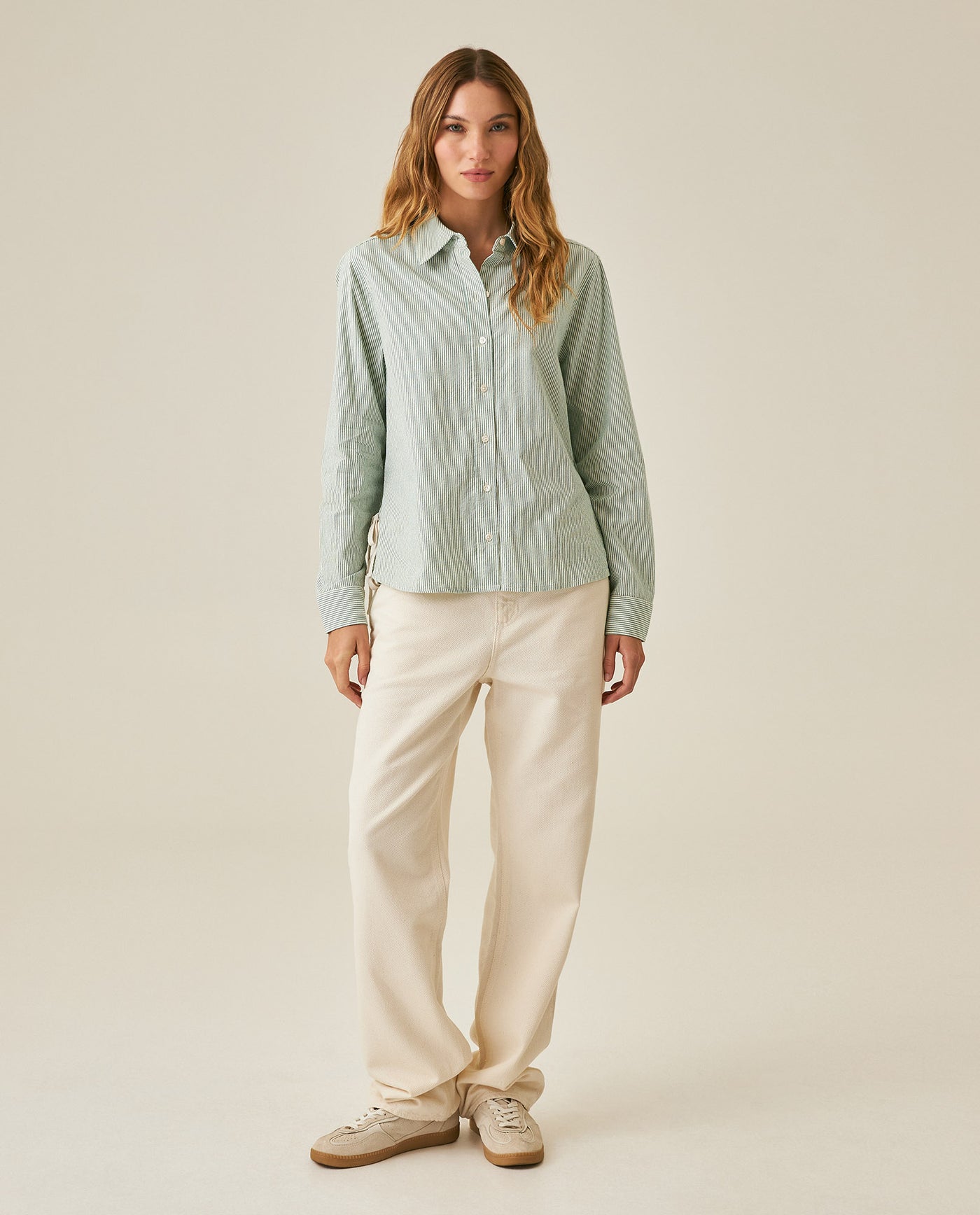 Womens Shirt Straight Silhouette Cotton Pre-Dyed Stripes Side Knot Details - Green 63_711H007_VER185424_4