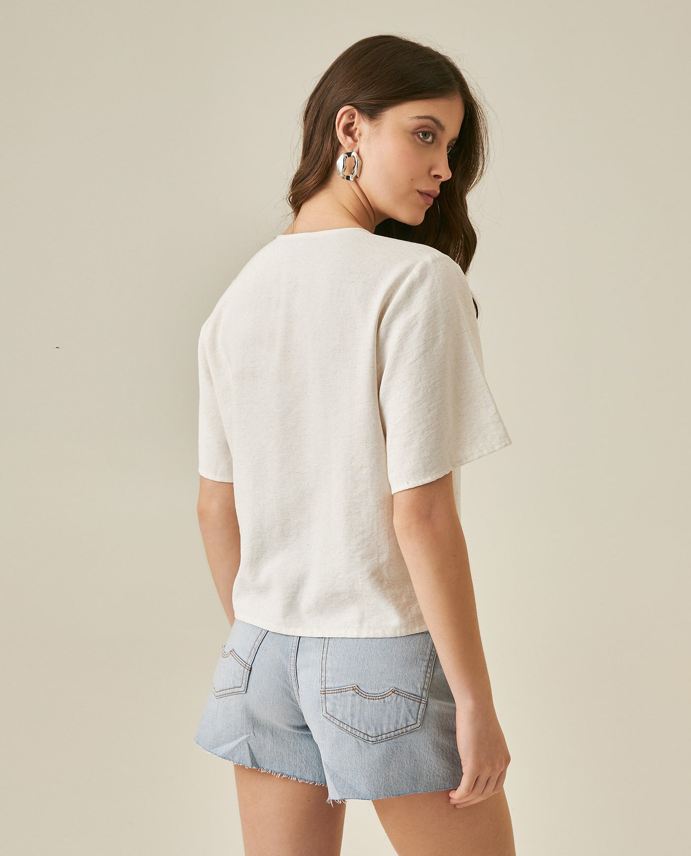 Womens Blouse Straight Silhouette Rayon–Linen Blend Flutter Sleeve V-Neck - Raw 63_711H012_CRU110606_6