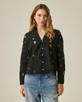 Women's Shirt Straight Silhouette Polyester–Rayon Eyelet Fabric Mandarin Collar - Black