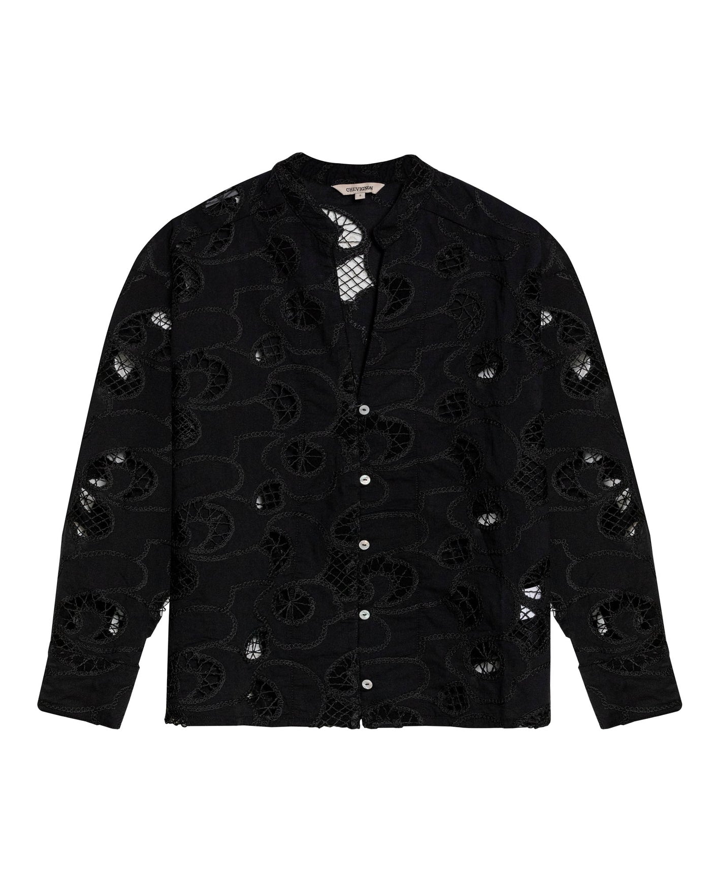 Womens Shirt Straight Silhouette Polyester–Rayon Eyelet Fabric Mandarin Collar - Black 63_711H014_NEG194004_3