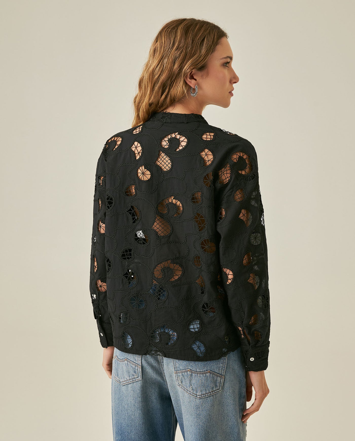 Womens Shirt Straight Silhouette Polyester–Rayon Eyelet Fabric Mandarin Collar - Black 63_711H014_NEG194004_6