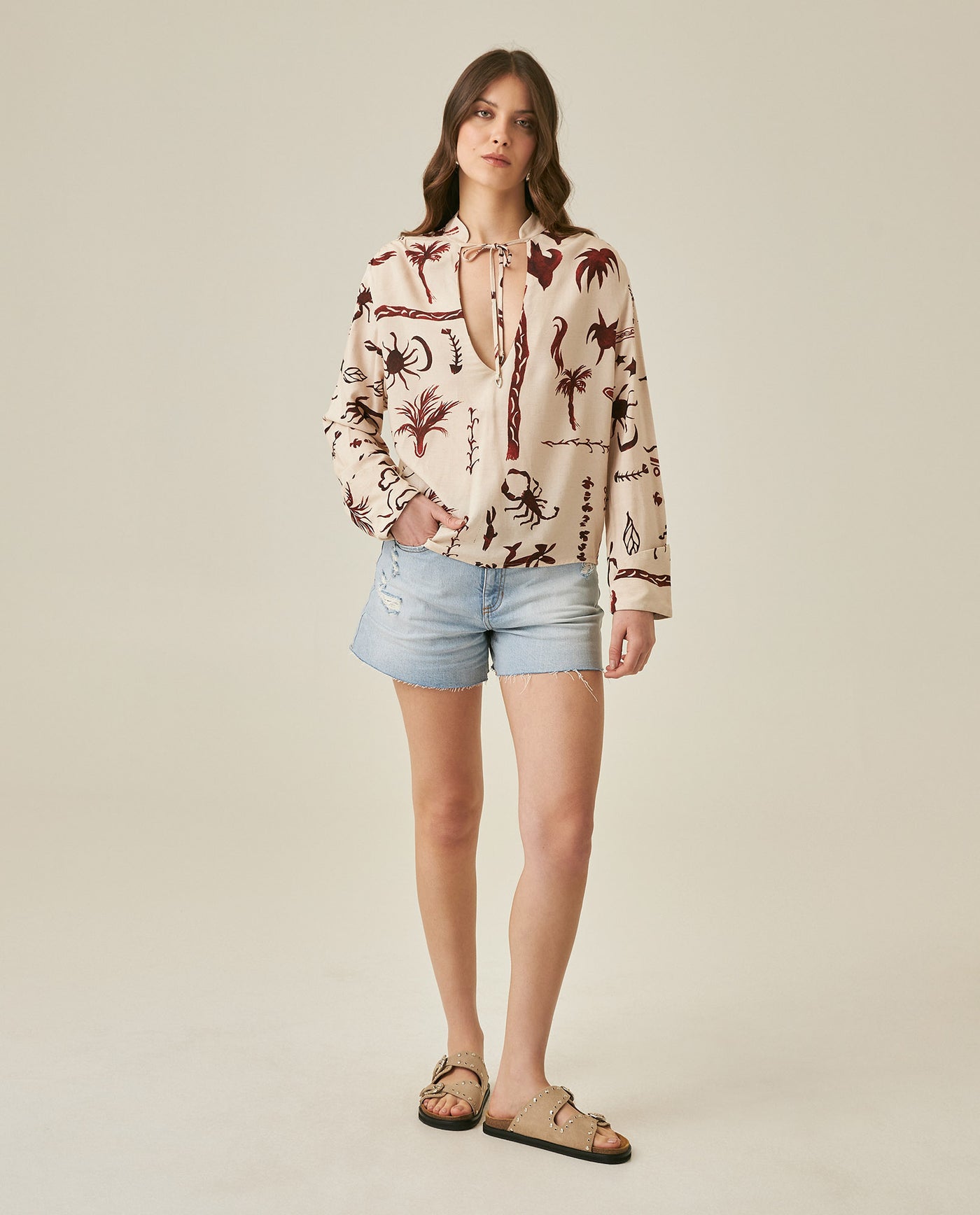 Womens Shirt Wide Silhouette Viscose–Linen Print Mandarin Collar - Raw 63_711H019_CRU131011_4