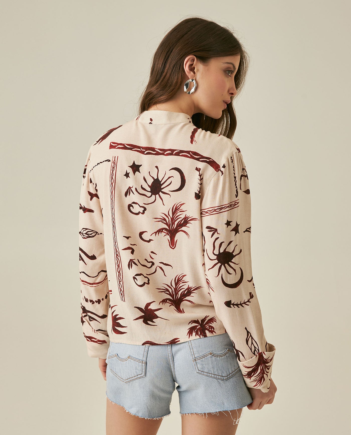 Womens Shirt Wide Silhouette Viscose–Linen Print Mandarin Collar - Raw 63_711H019_CRU131011_6