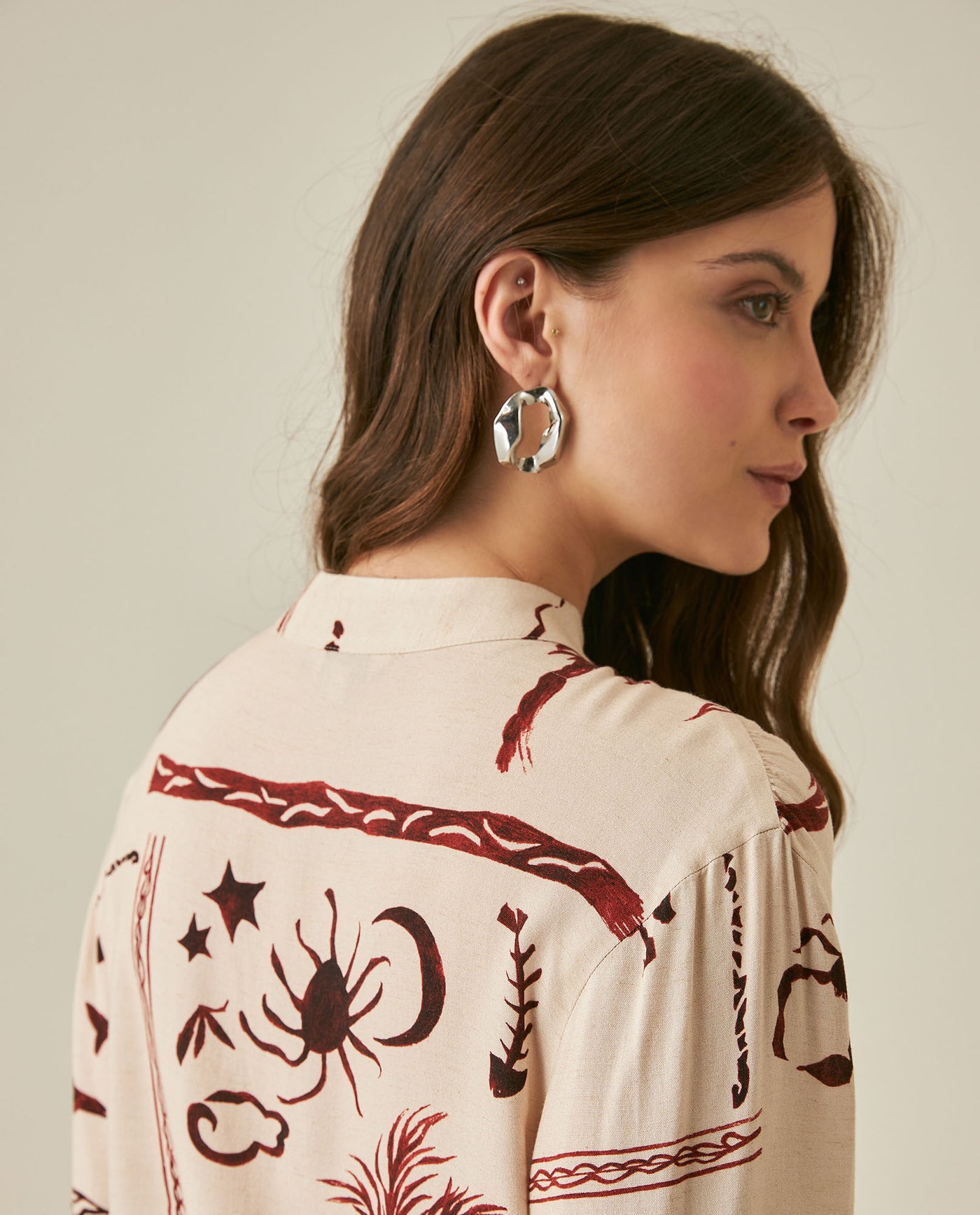 Womens Shirt Wide Silhouette Viscose–Linen Print Mandarin Collar - Raw 63_711H019_CRU131011_7